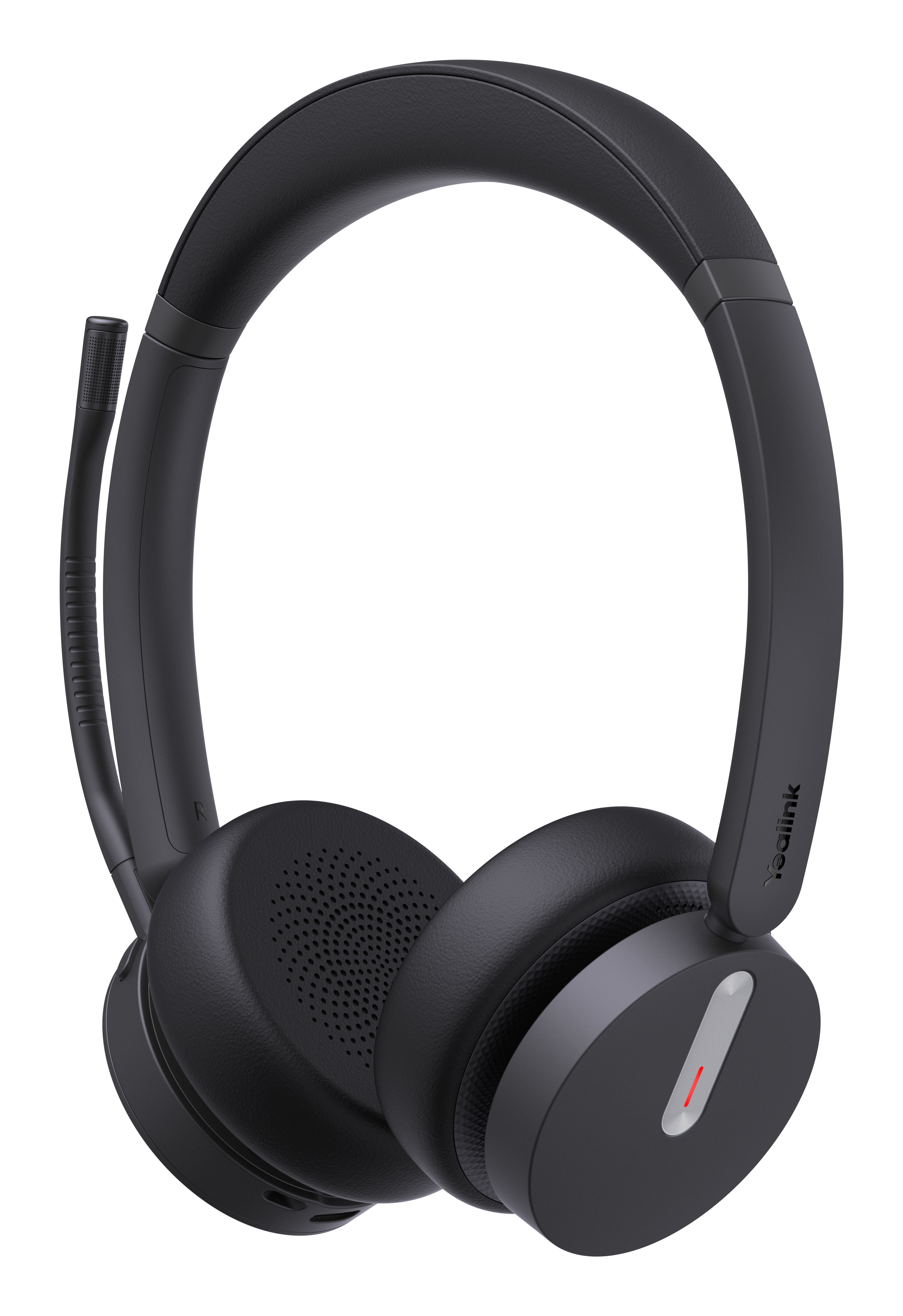 Schwarzes Headset mit Mikrofon und dem Markennamen Yealink an der Seite.