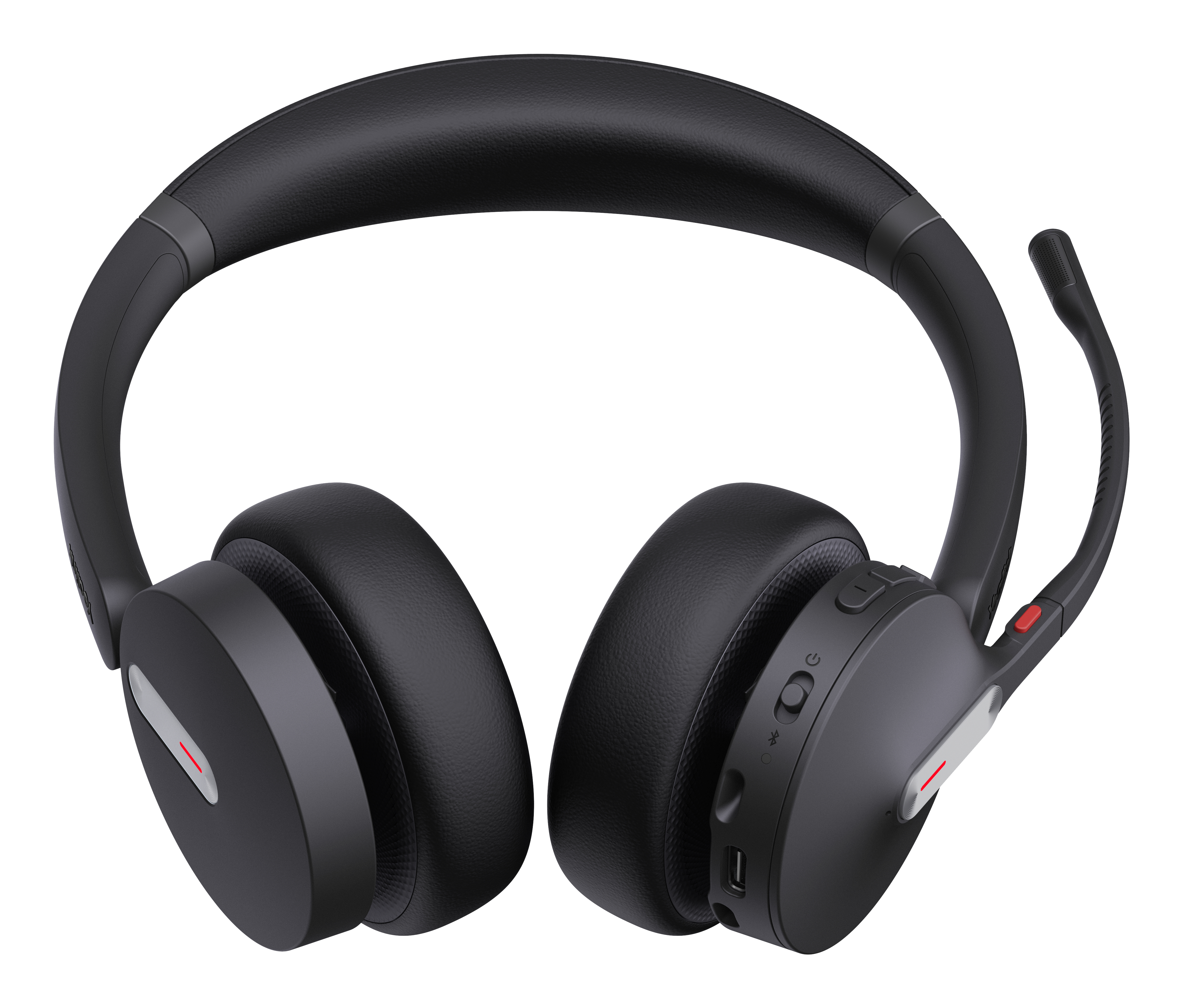 Schwarze Over-Ear-Kopfhörer mit Mikrofon, die Bedienelemente und ein schlankes Design zeigen.