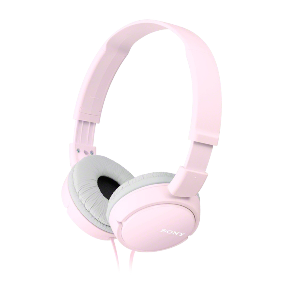 Casque rose. Conception circum-aurale. Écouteurs gris. Fond blanc.