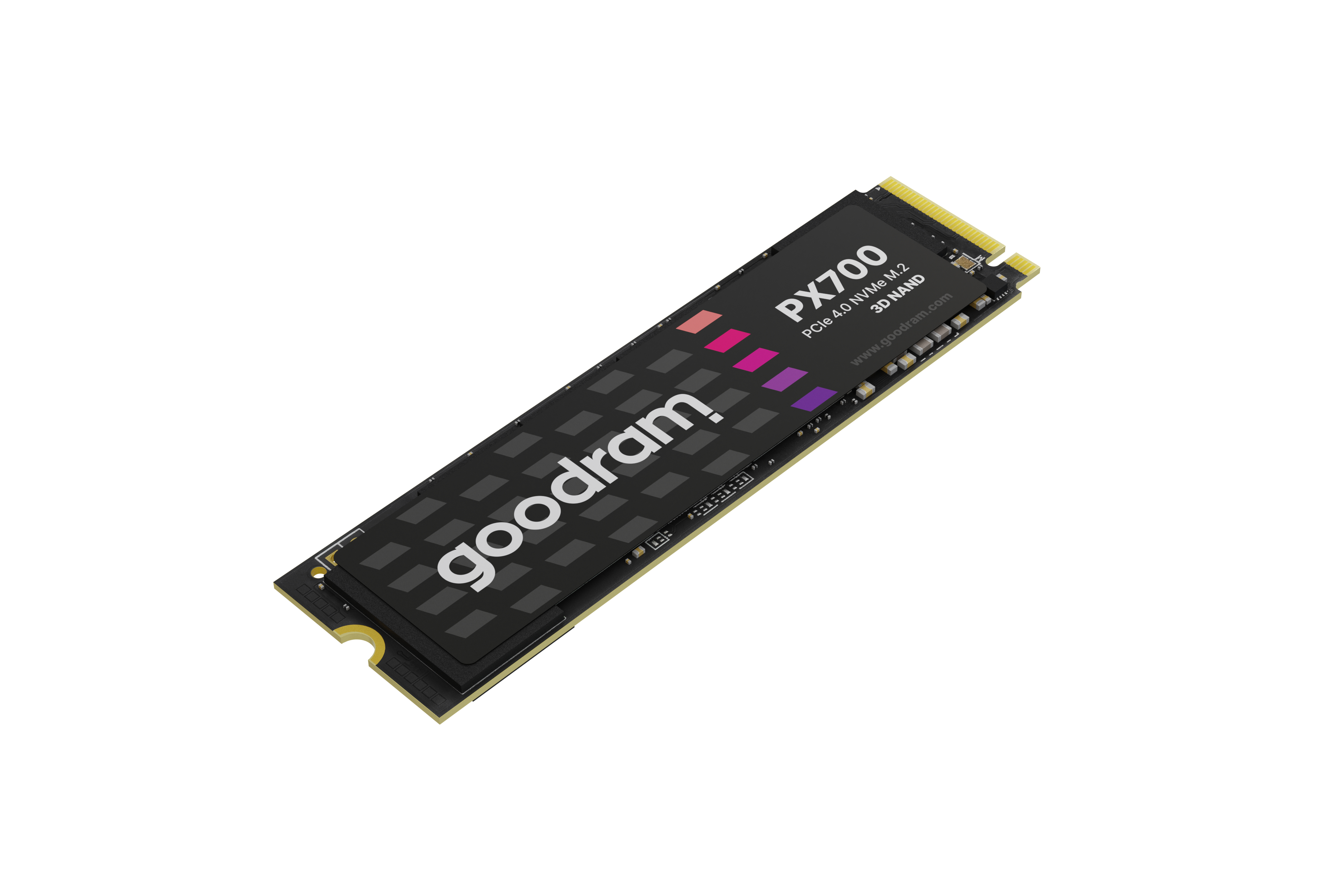 Dysk SSD Goodram PX700 z czarną etykietą, logo Goodram i kolorowymi paskami na białym tle.