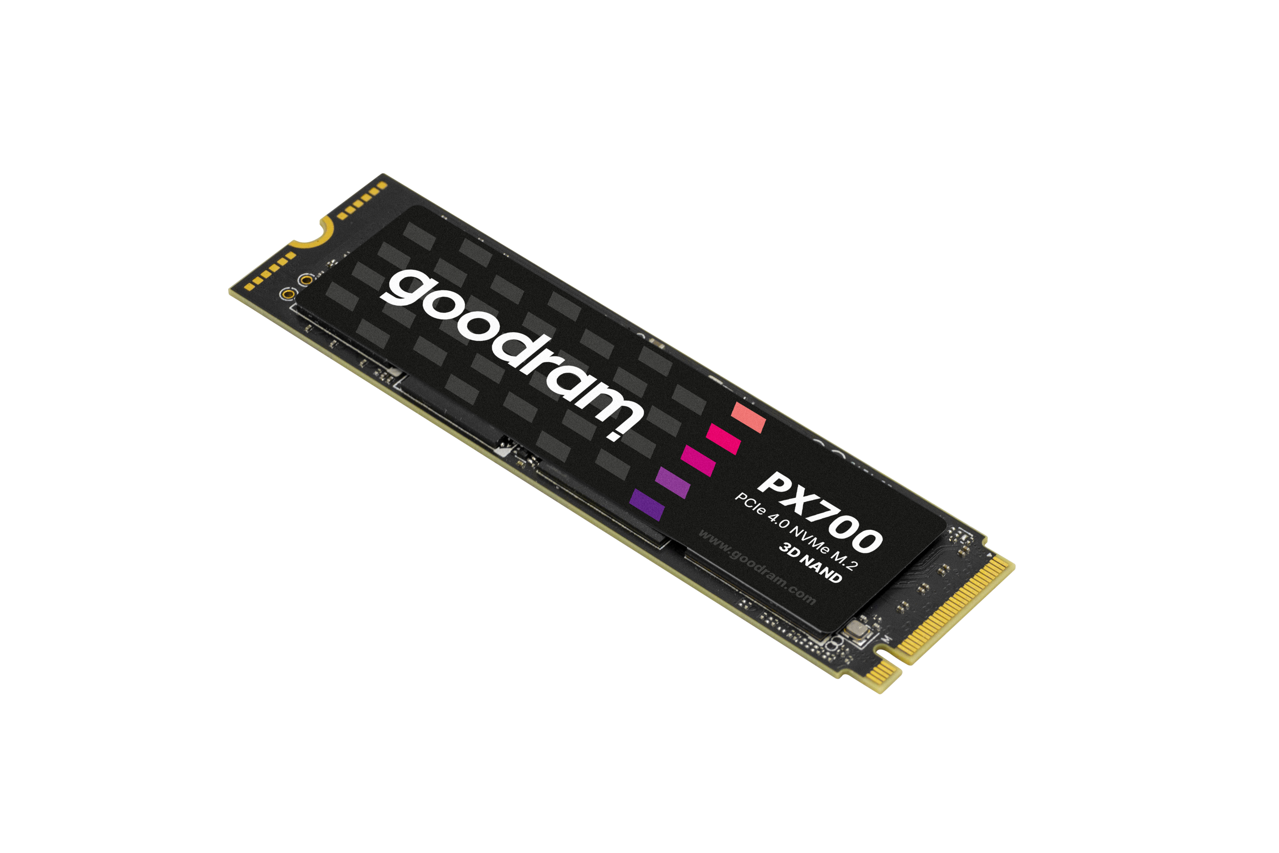 Dysk SSD Goodram PX700 z czarną etykietą, logo Goodram i kolorowymi paskami na białym tle.