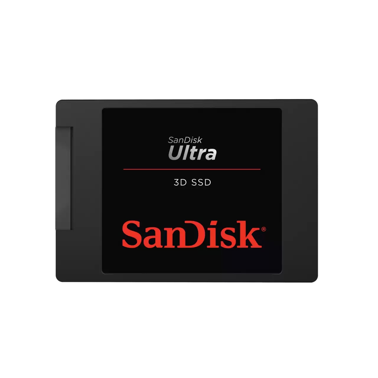 Czarny dysk SSD SanDisk Ultra 3D z czerwonym i białym tekstem z przodu.