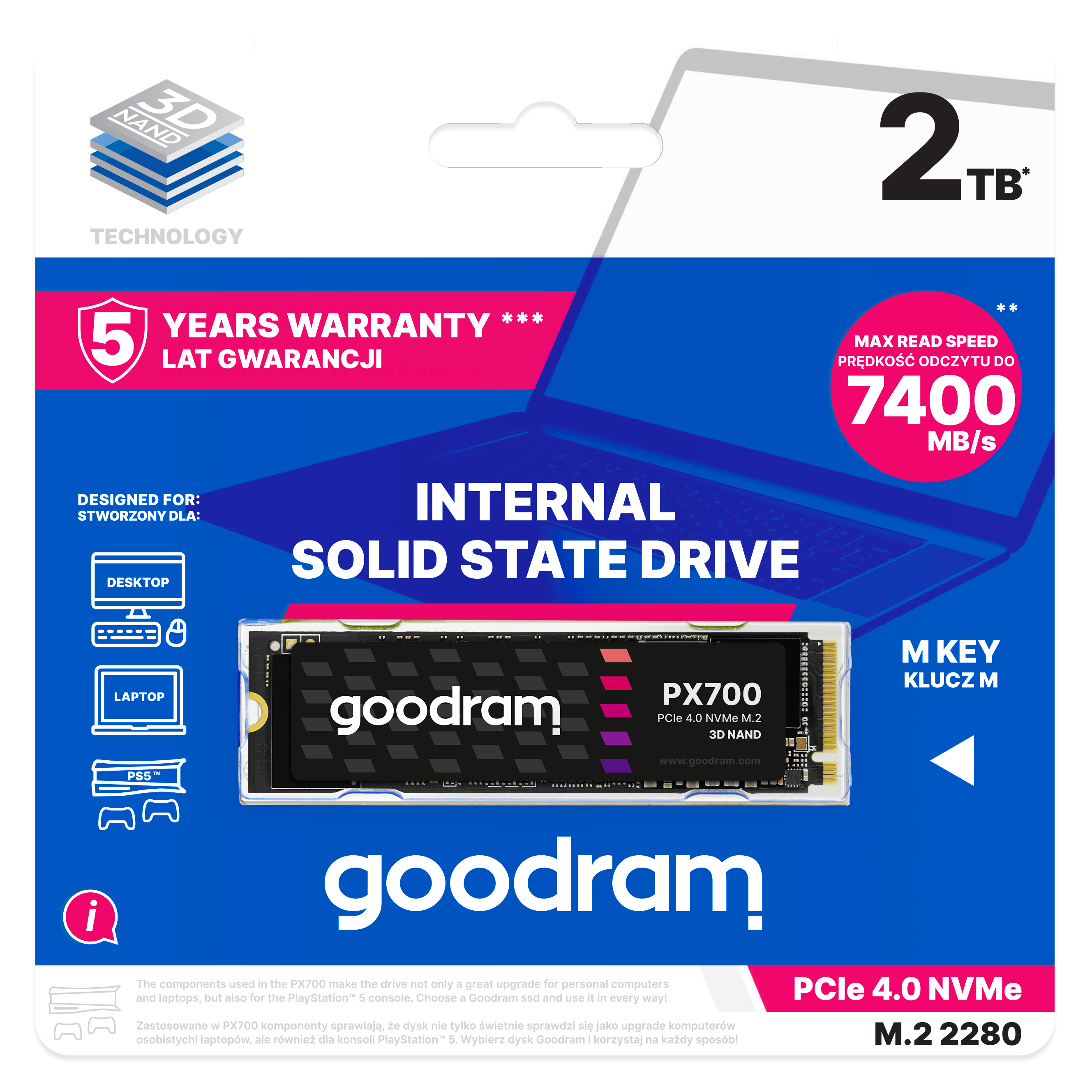 Dysk SSD Goodram PX700 2TB NVMe M.2 z czarną etykietą, prezentujący jego kluczowe cechy i kompatybilność.