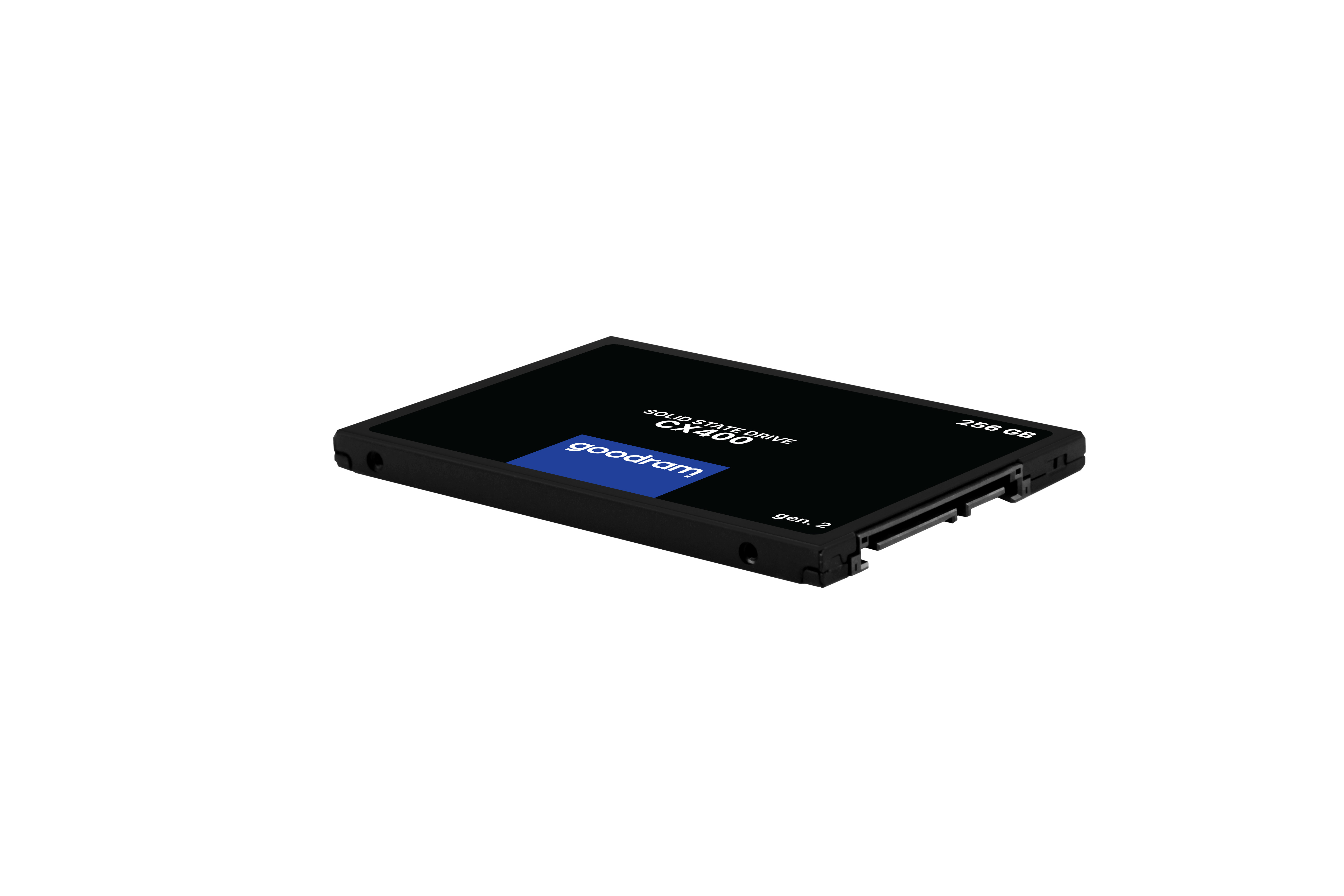 SSD Goodram noir, 256 Go, montrant le dessus avec le logo de la marque.