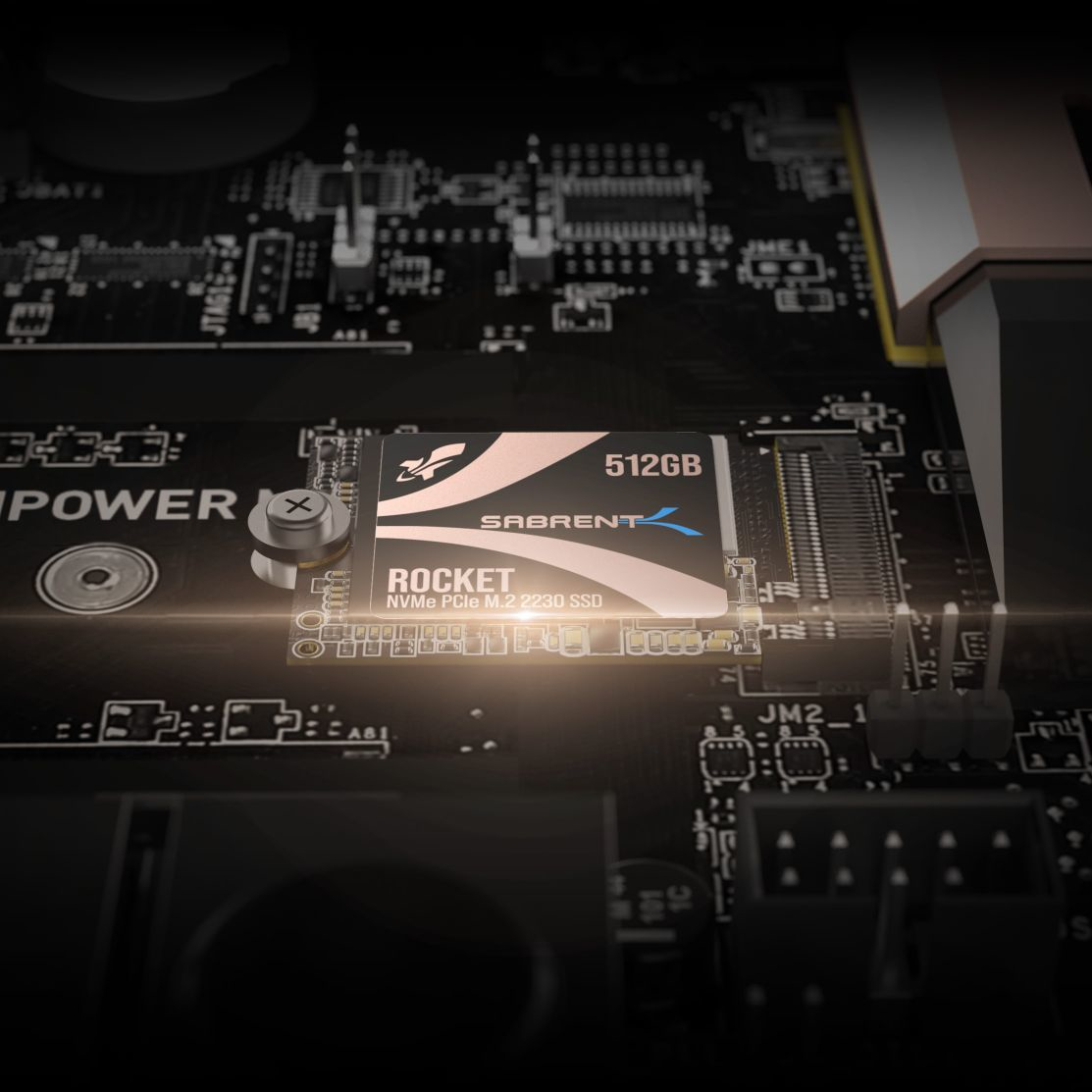 Pokazano komponent komputera, Sabrent Rocket NVMe PCIe M.2 2230 SSD.