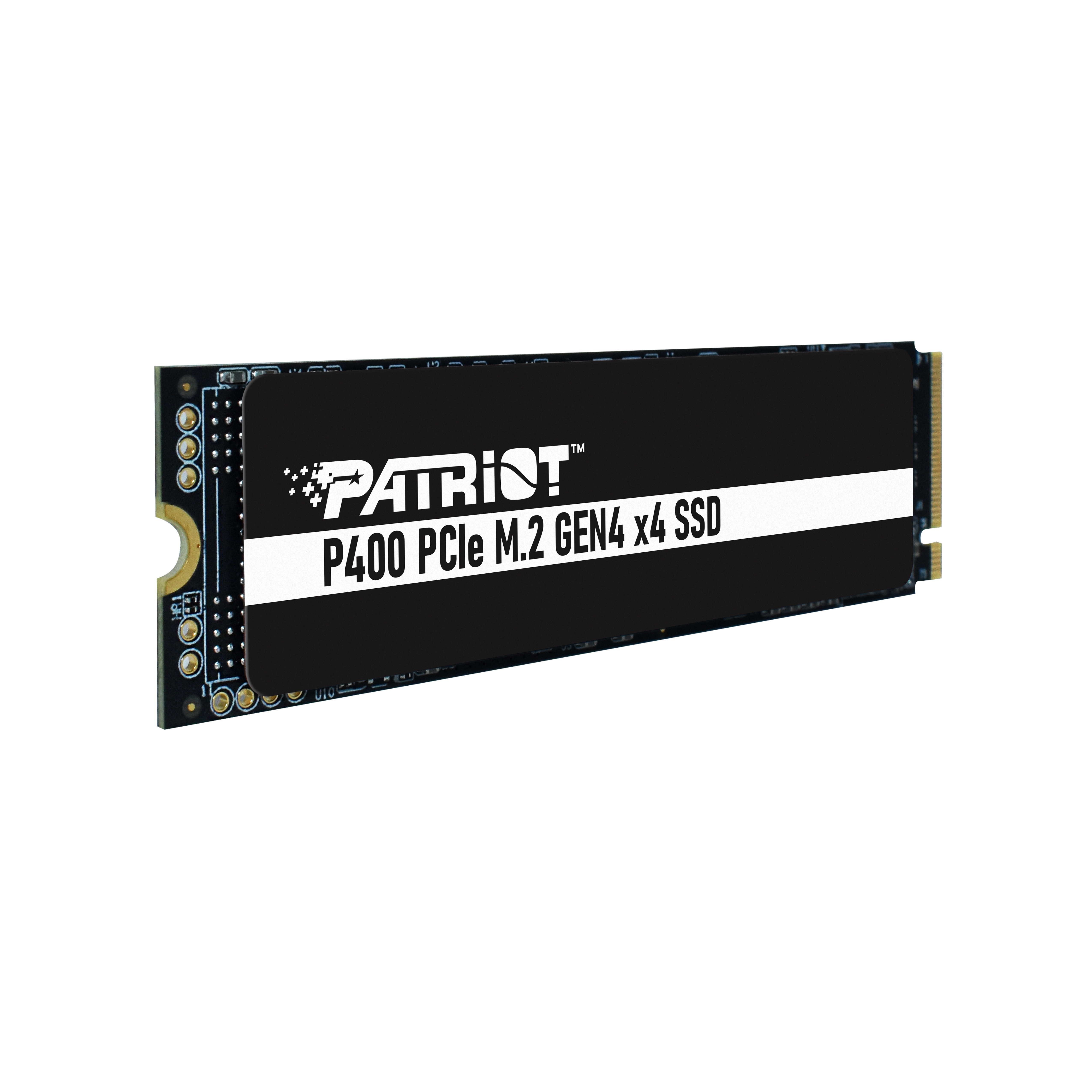 SSD Patriot P400 PCIe M.2 Gen4 x4 bianco e nero con logo e testo.