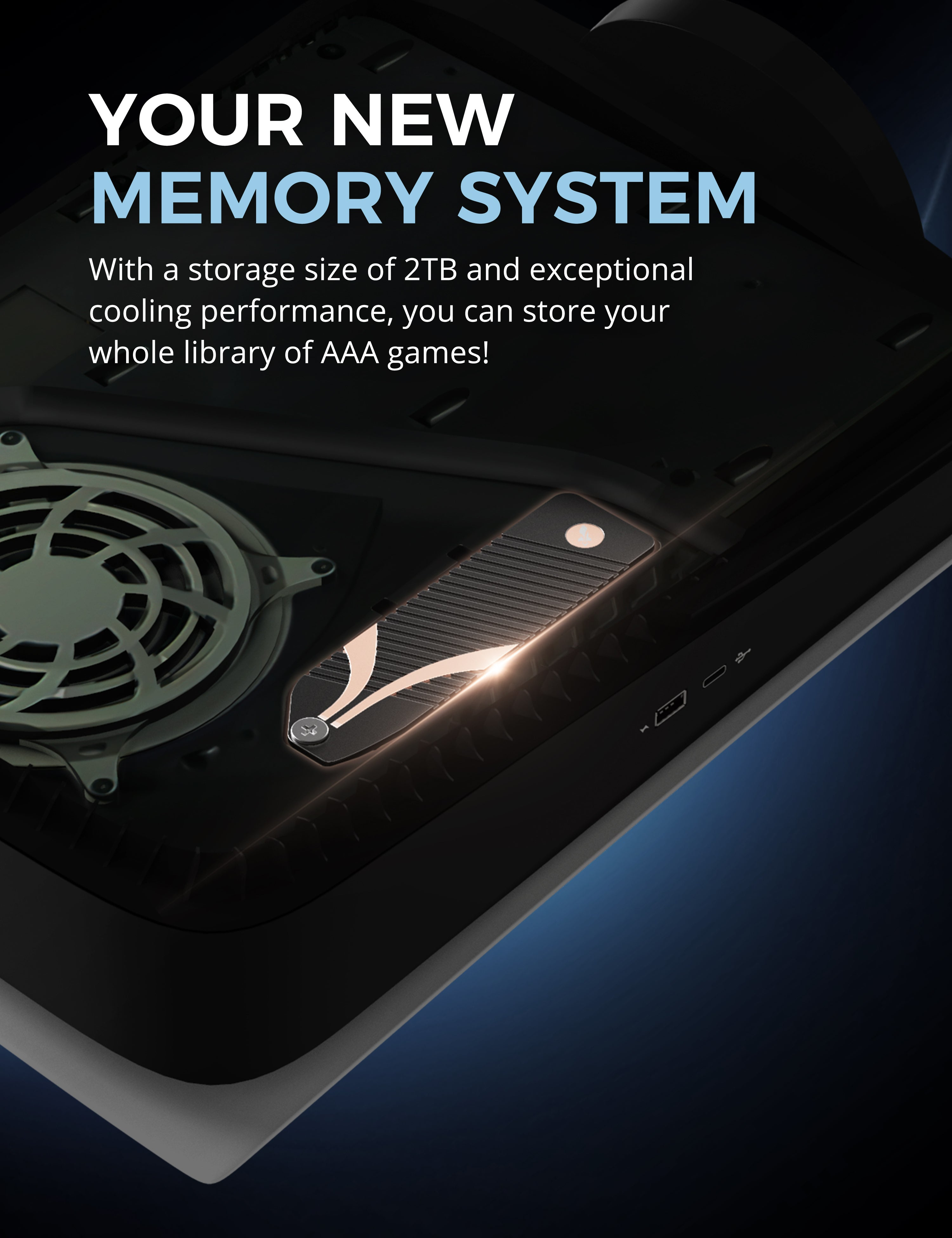 Wnętrze konsoli do gier z podświetlonym czarnym dyskiem SSD, wentylatorem i widocznymi portami.