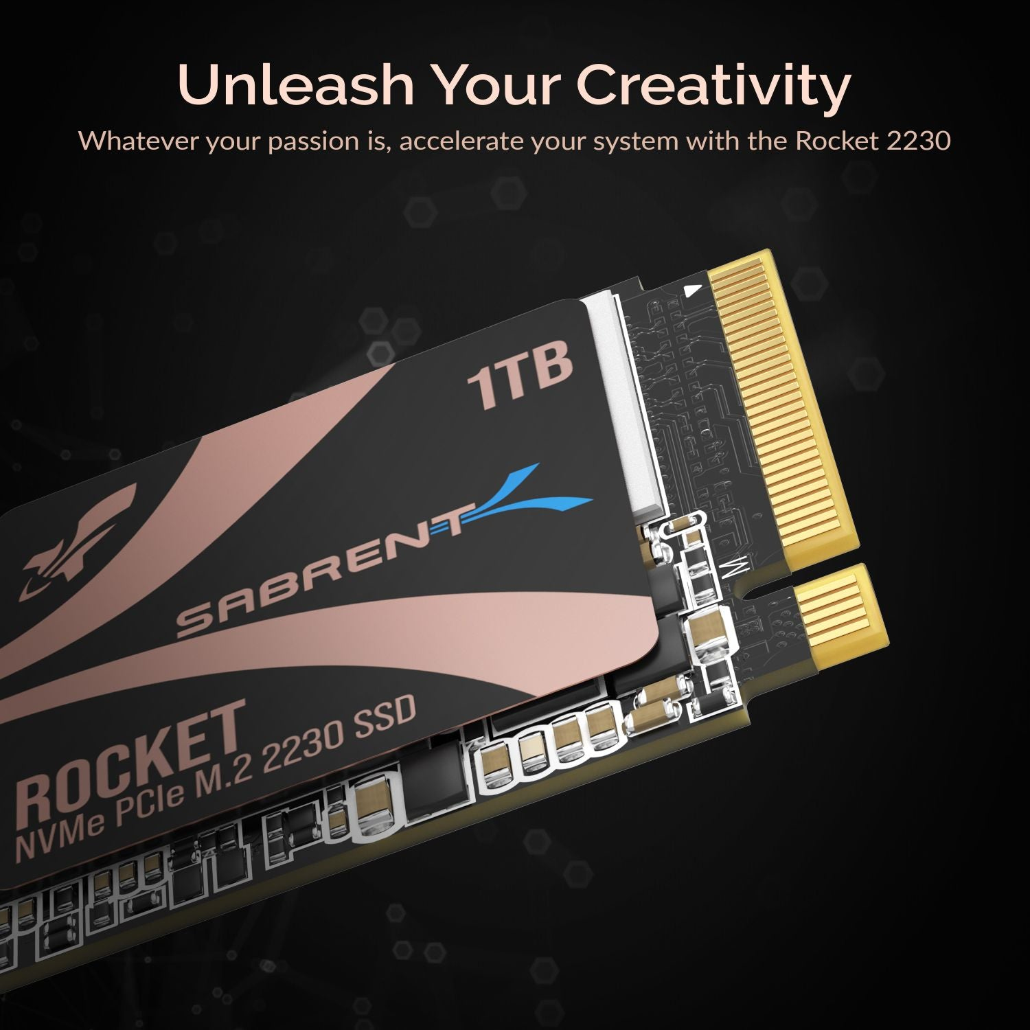 Zbliżenie dysku SSD Sabrent Rocket NVMe PCIe M.2 2230 o pojemności 1 TB.