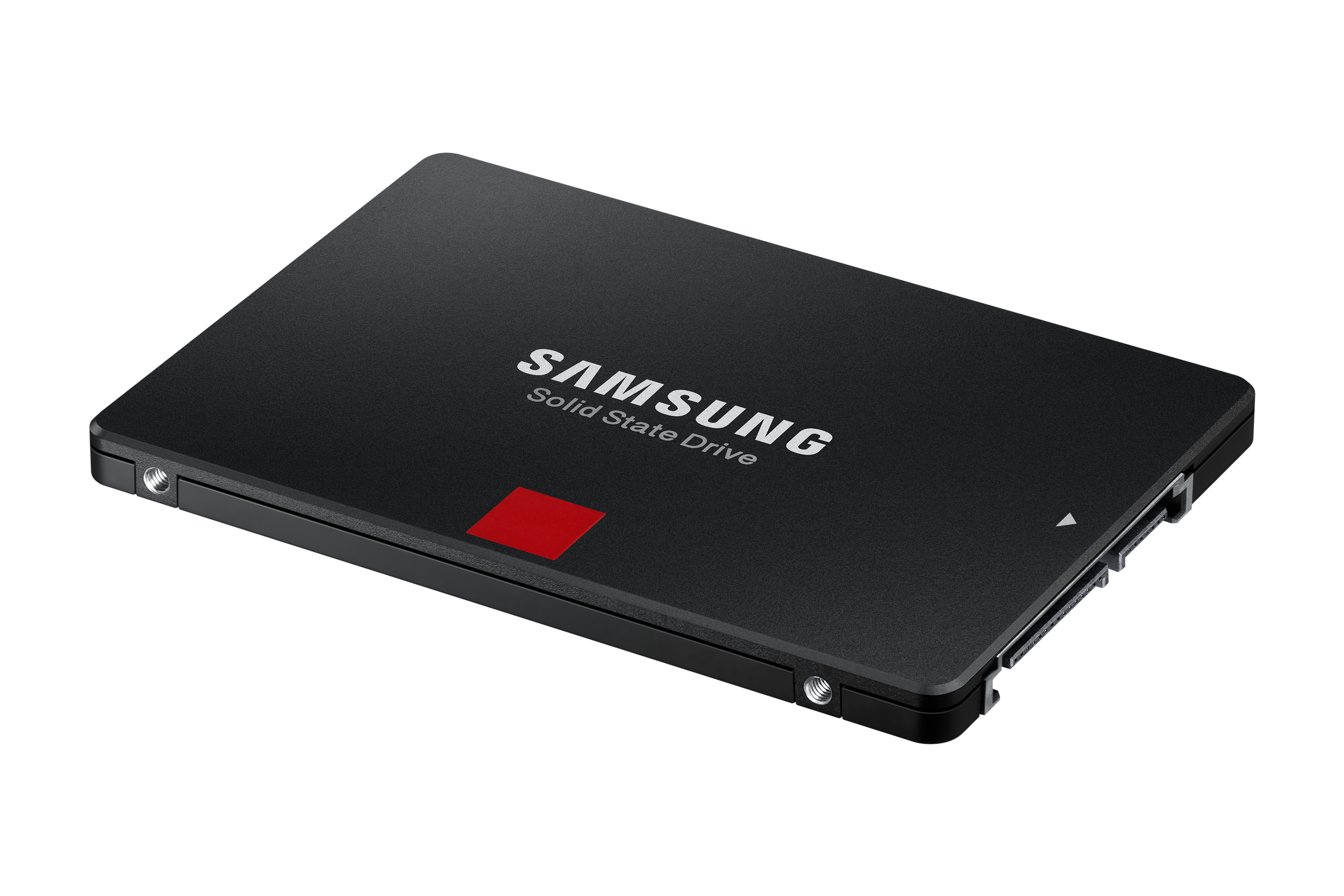 Eine schwarze Samsung SSD mit rotem Quadrat, vor weißem Hintergrund.