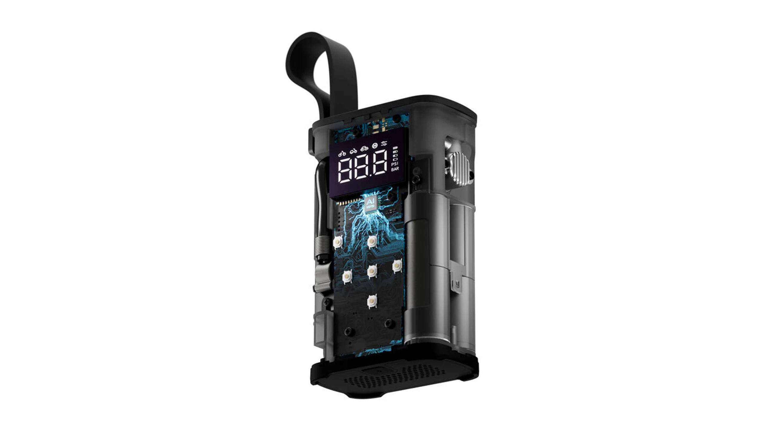 Schnitt durch einen tragbaren Reifenfüller mit LCD-Anzeige.