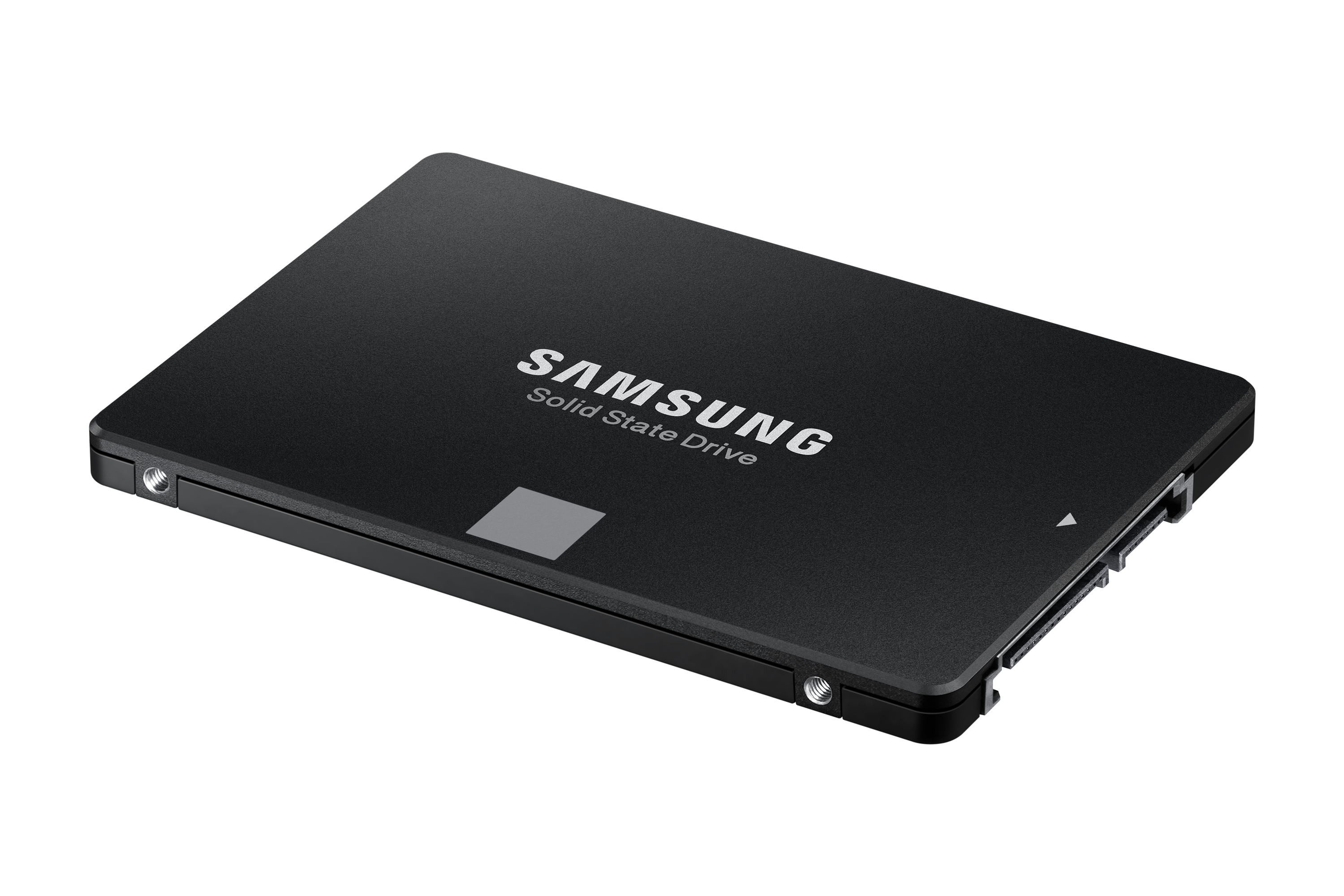 Schwarze Samsung Solid-State-Festplatte, angewinkelt, mit sichtbarem Markennamen.