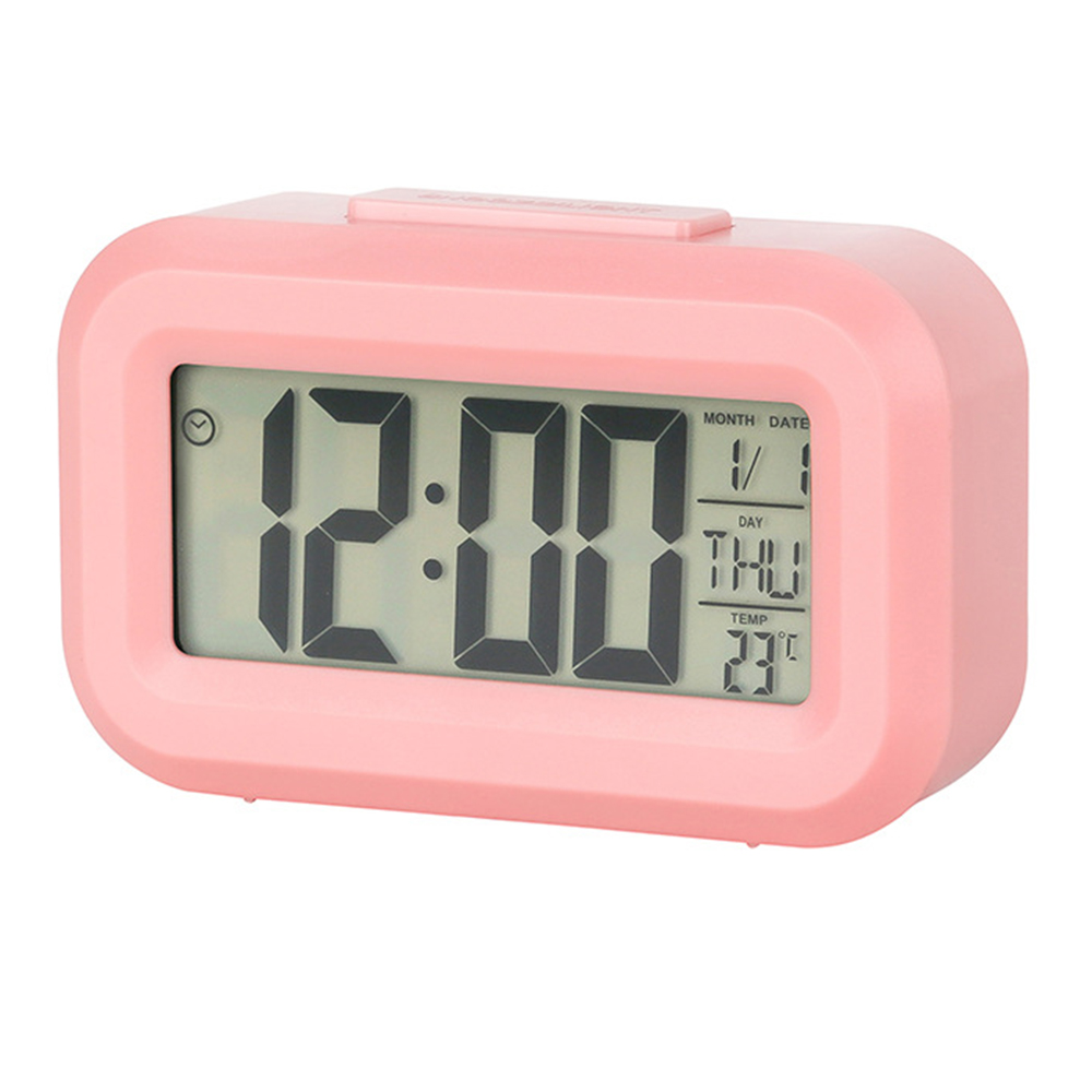 Ein rosa digitaler Wecker zeigt 12:00 an. Das Datum ist Donnerstag, der 1., und die Temperatur beträgt 23°.