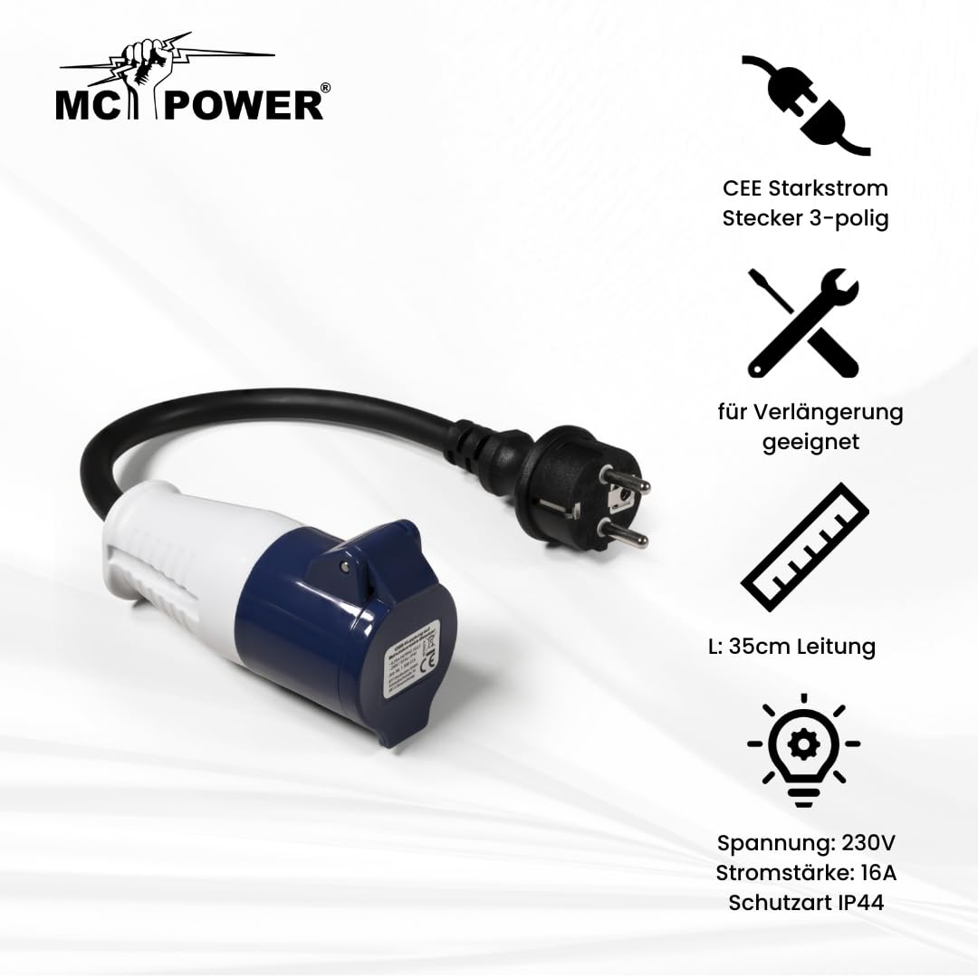 Schwarz-weißer Stromkabeladapter mit blauem Ring. Symbole für Werkzeuge und Informationen angebracht.