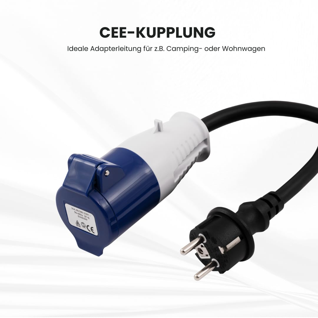 Blau-weißer CEE-Stecker und -Buchse für Camping oder Wohnwagen.