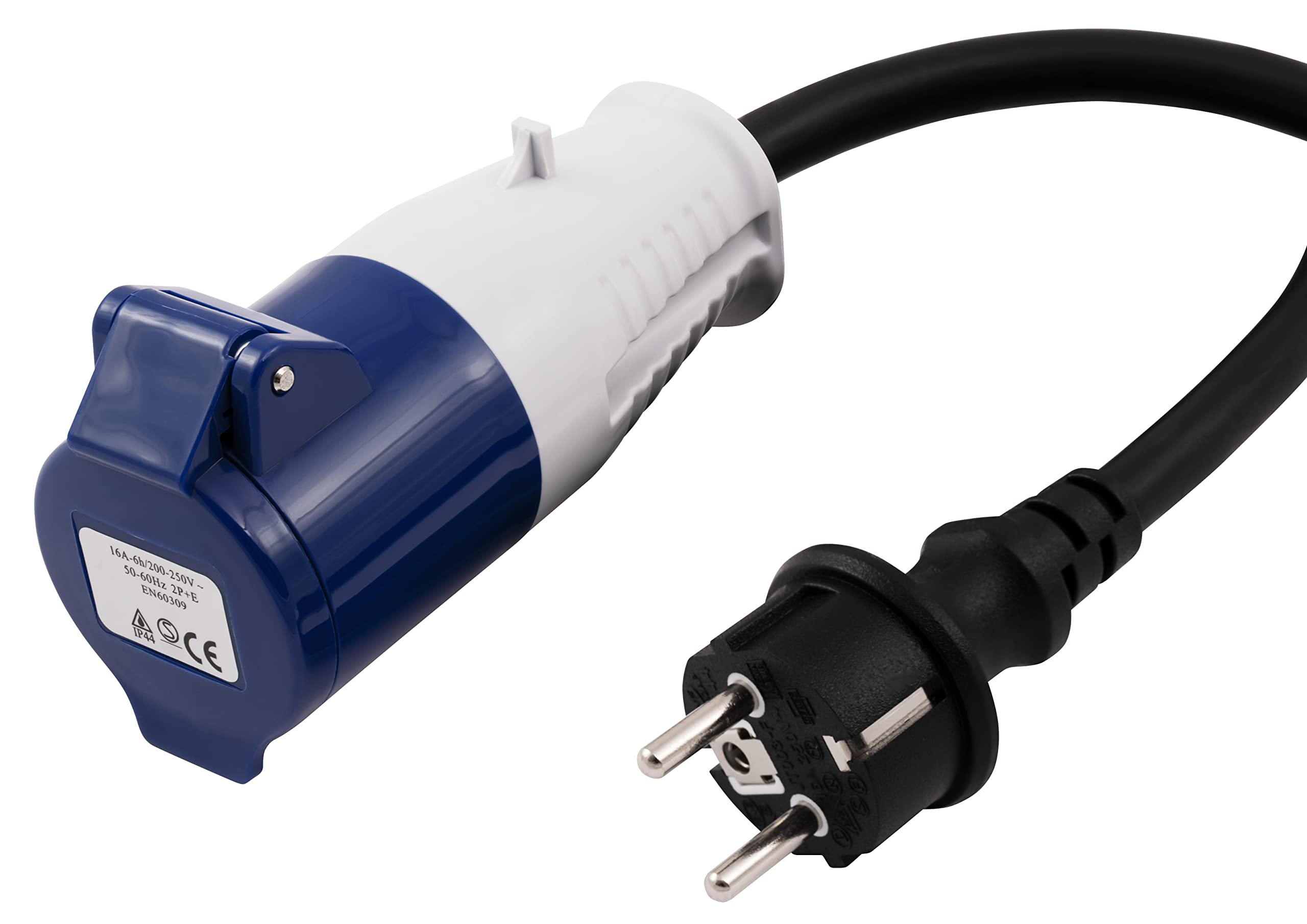 Weißes und blaues Stromadapterkabel mit schwarzem Stecker. Es ist auf weißem Hintergrund.