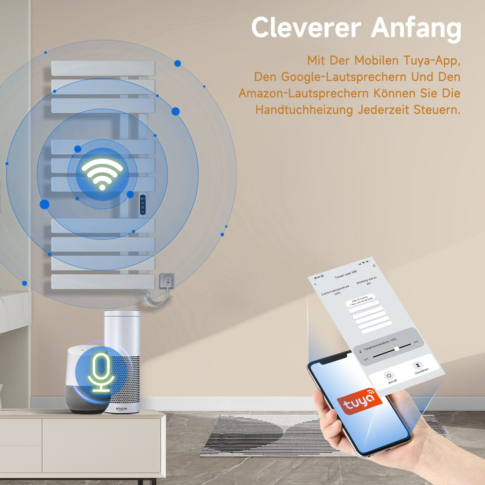Smart Home-Setup mit Handtuchheizung, Google-Lautsprecher und Telefon mit App-Anzeige.
