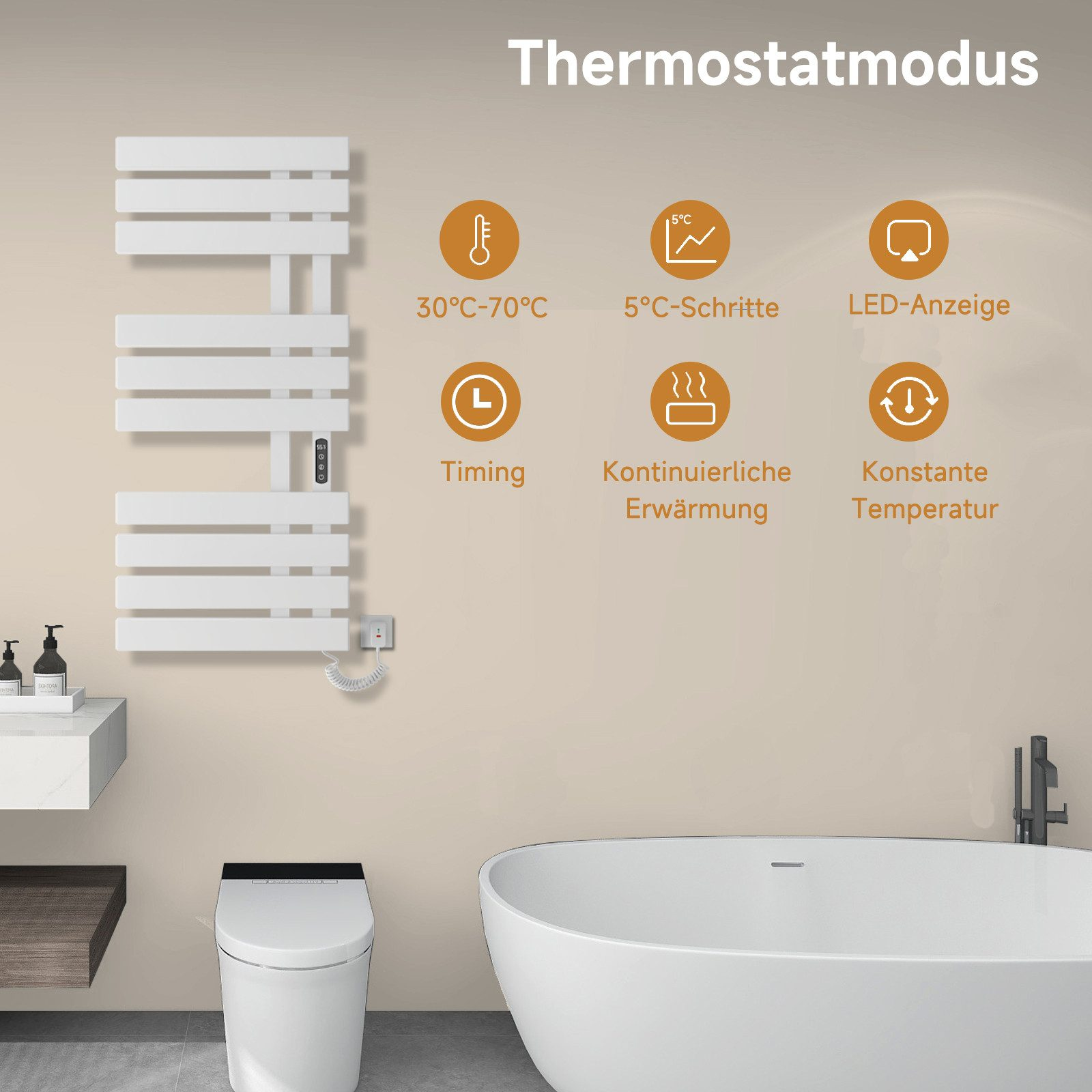 Ein weißer beheizter Handtuchhalter in einem Badezimmer. Symbole erklären Funktionen wie Temperatureinstellungen und Timing.