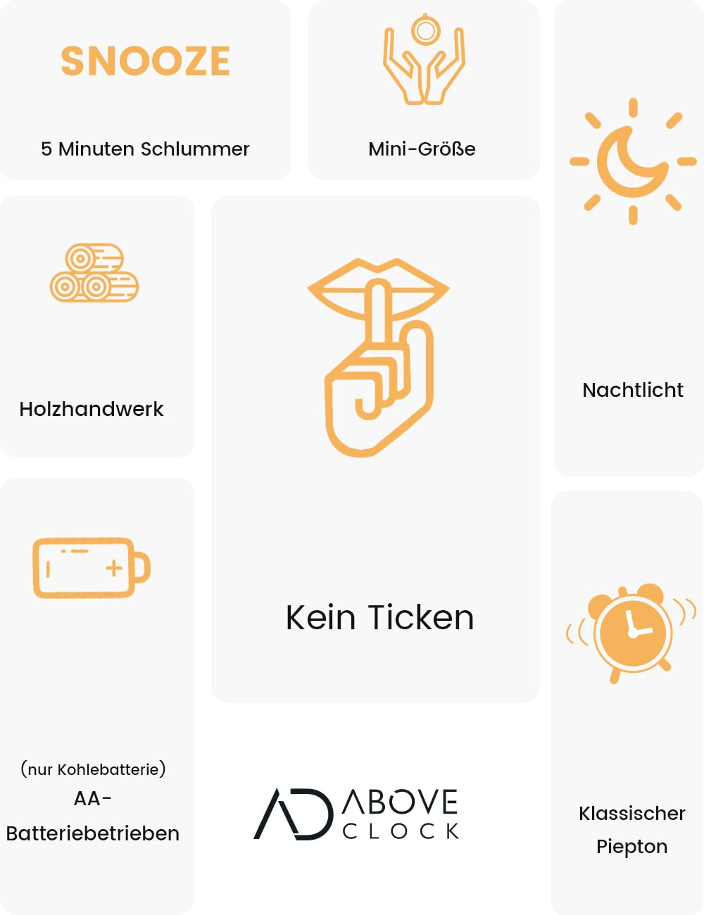Ein Wecker mit Symbolen für Schlummerfunktion, Mini-Größe, Holz, Nachtlicht, kein Ticken, Batterie und lauter Alarm.