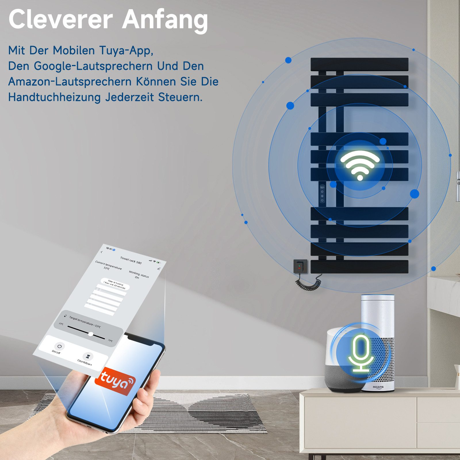 Smart Home Szene mit App auf dem Handy, Handtuchwärmer und Smart Speaker.