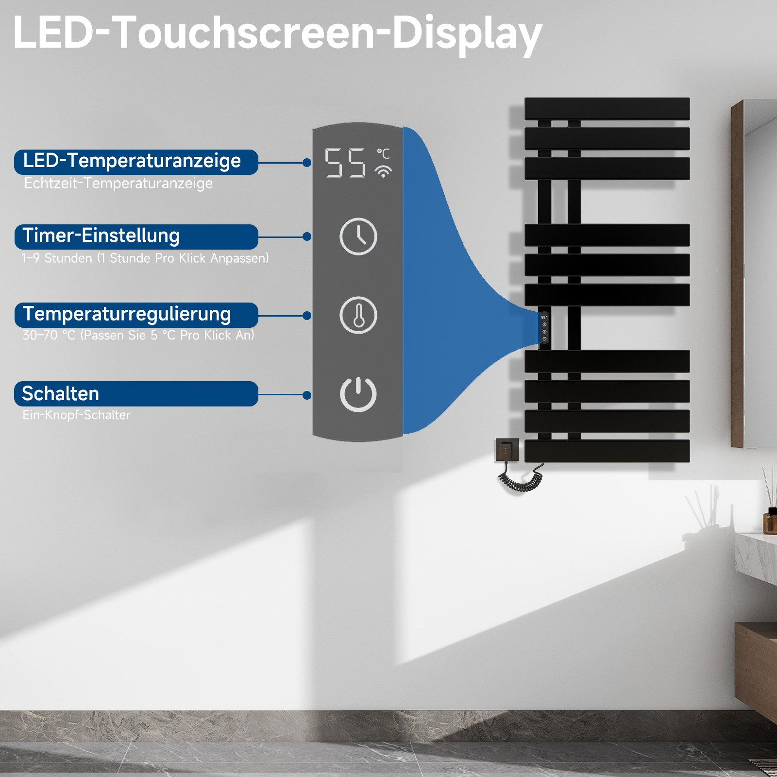 Schwarzer beheizter Handtuchhalter mit LED-Anzeige. Zeigt Temperatur- und Timereinstellungen an. An weißer Wand montiert.