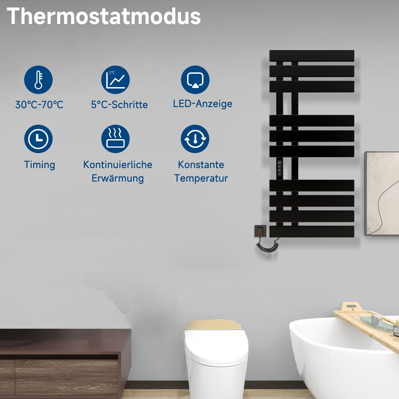 Schwarzer beheizter Handtuchhalter mit Thermostat-Symbolen und Text auf weißem Badezimmerhintergrund.