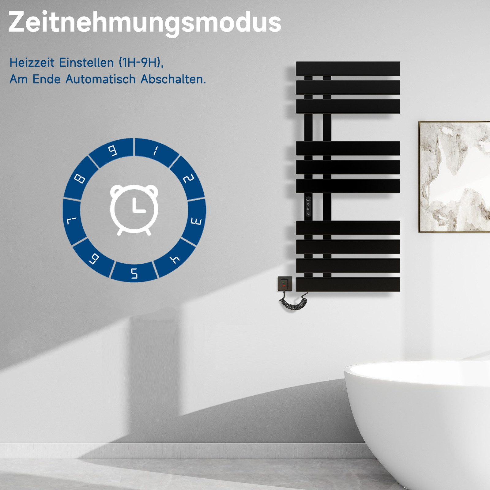 Ein schwarzer Handtuchwärmer mit einem Uhrensymbol und Text auf Deutsch.