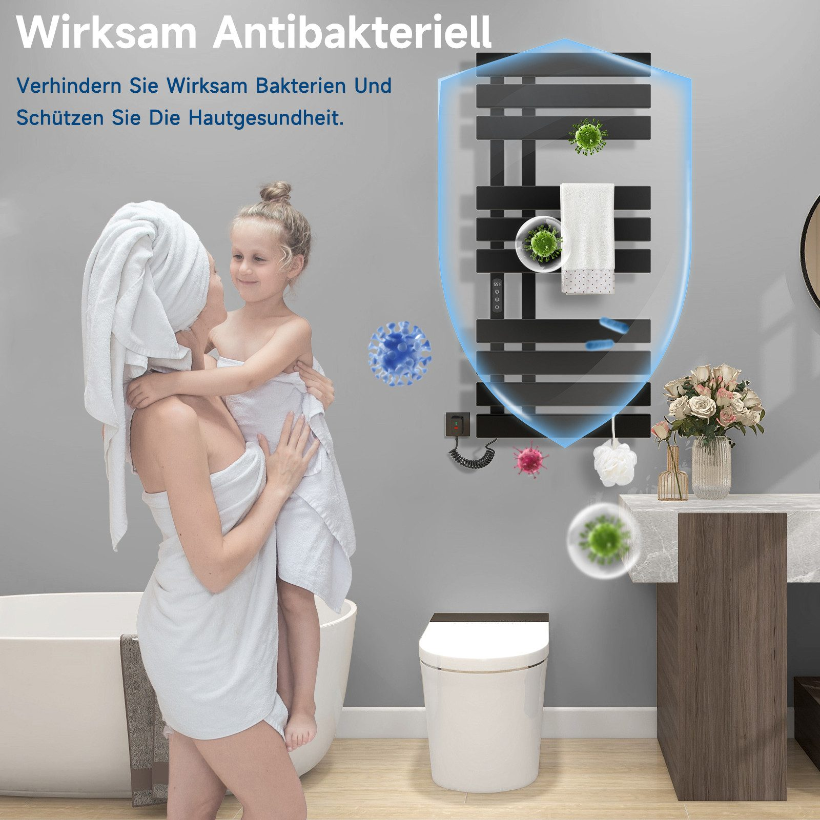 Badezimmer-Szene mit Mutter und Kind. Schwarzer Handtuchwärmer, weiße Toilette und Badewanne sind sichtbar.