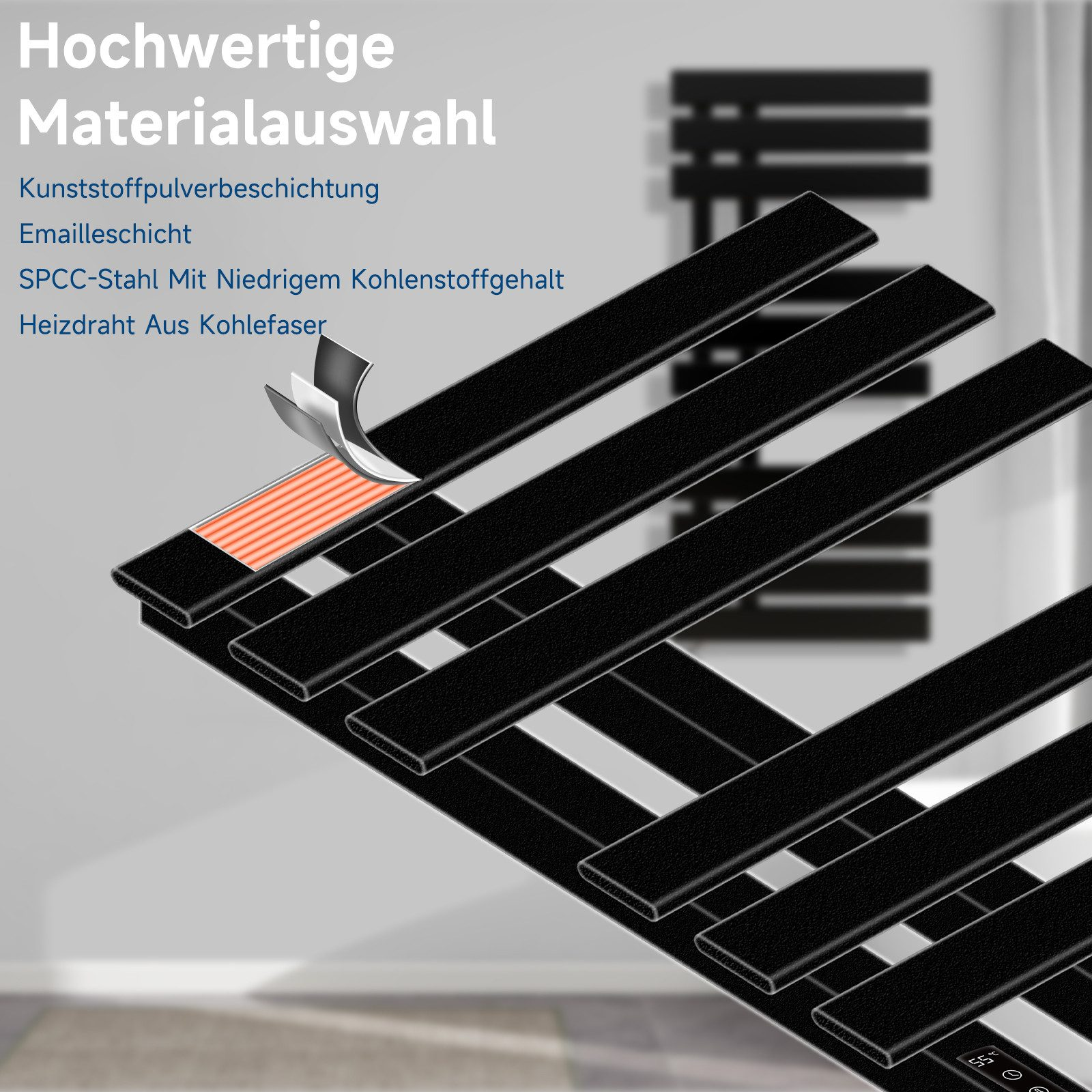 Nahaufnahme eines Bettrahmendetails mit Text: 'Hochwertige Materialauswahl'. Zeigt: Kunststoffpulverbeschichtung und mehr.