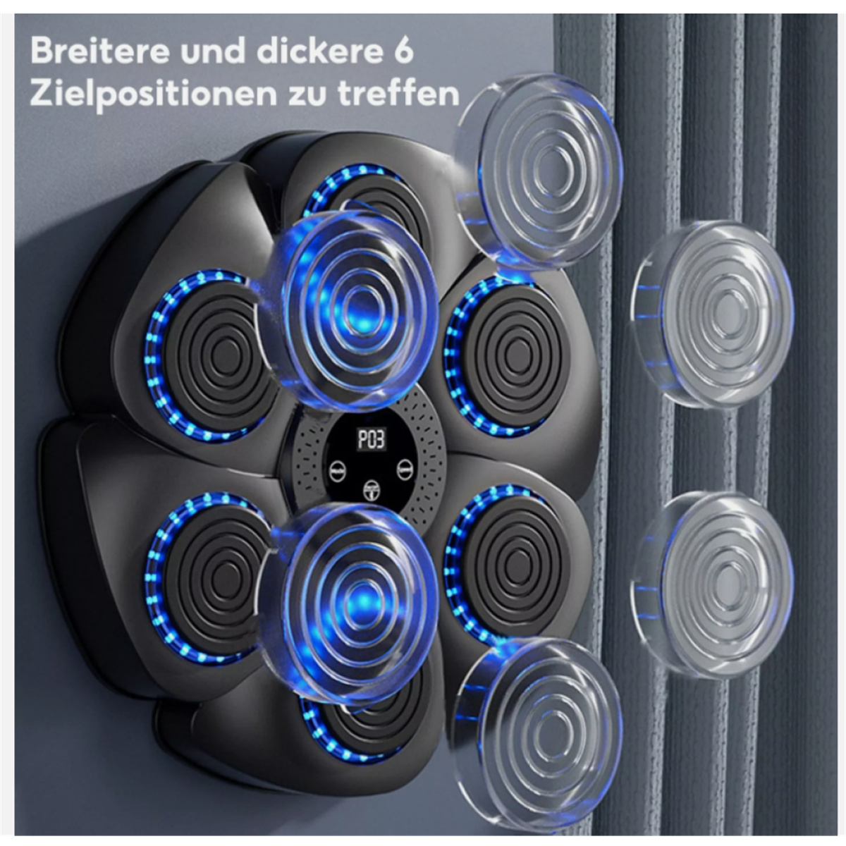 Schwarzes Massagegerät mit blauen Lichtern. Sechs Massageköpfe, transparente Kunststoffabdeckungen und Bedienfeld.