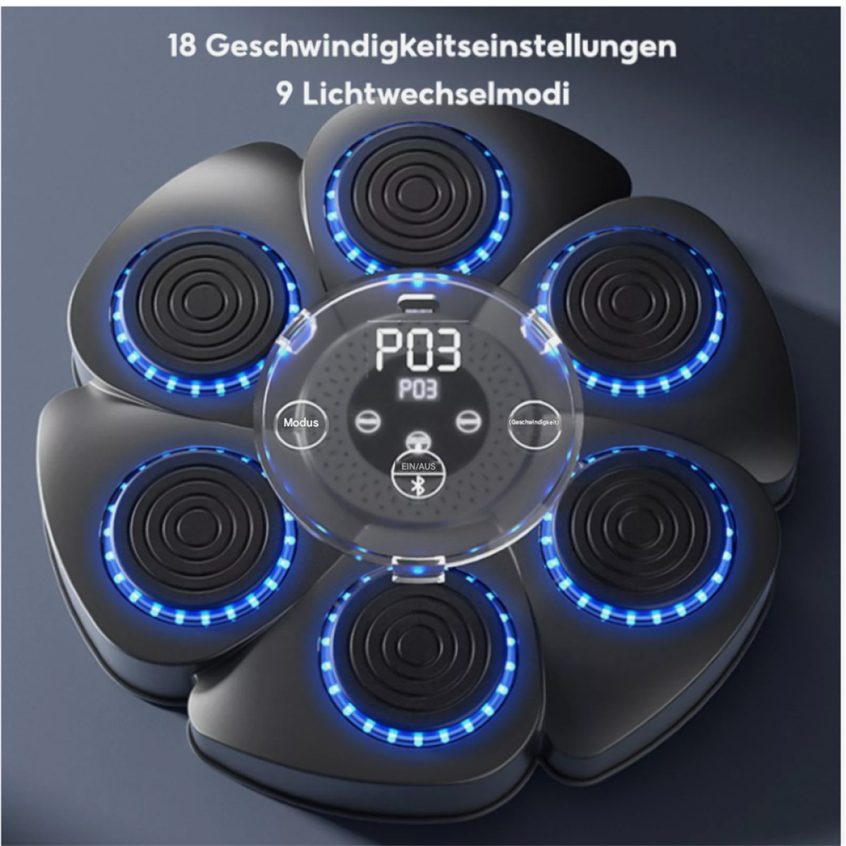 Ein Gerät mit mehreren blau beleuchteten Drehreglern und einem zentralen Bedienfeld.