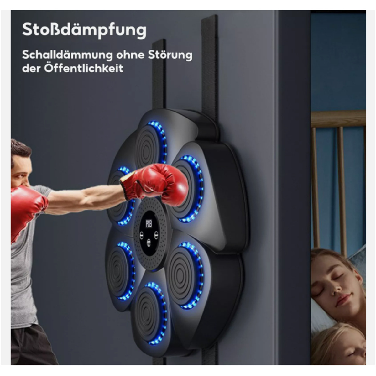 Eine Person boxt an einer Wand-Boxmaschine. Eine Frau und ein Kind schlafen im Hintergrund.