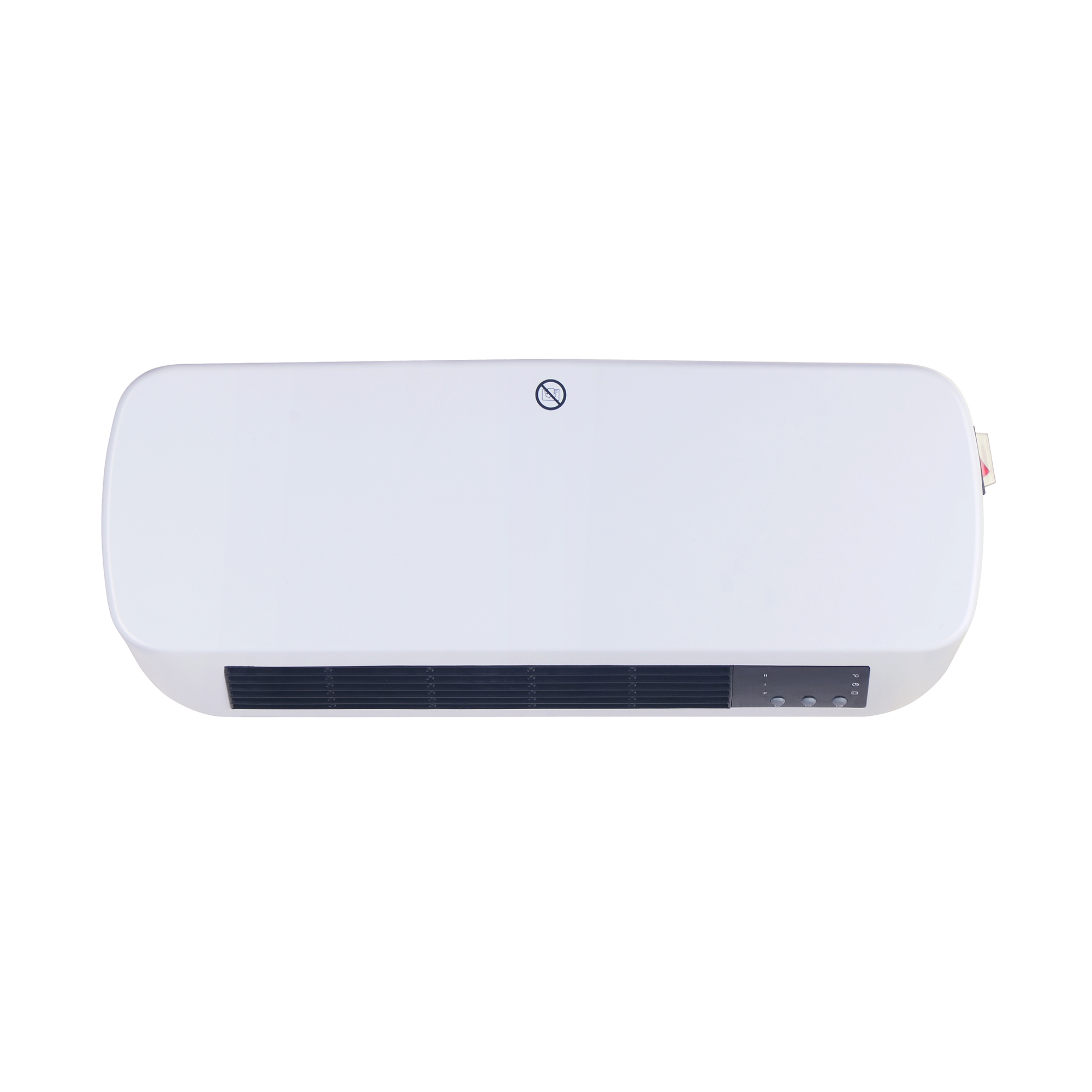 Een witte wandkachel met een digitaal display en een zwart ventilatierooster.
