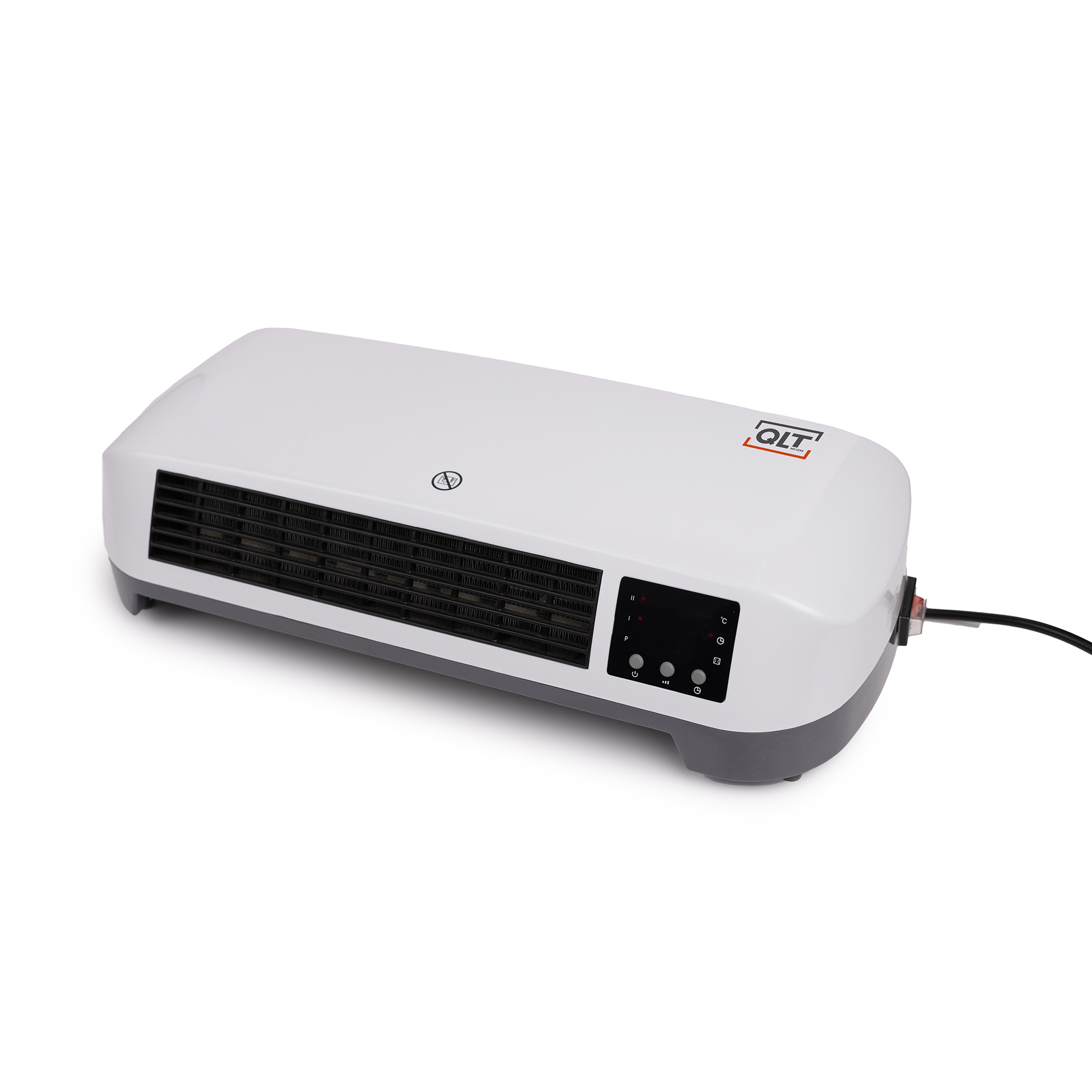 Witte QLT elektrische kachel op een witte achtergrond, met een digitaal display en bediening.