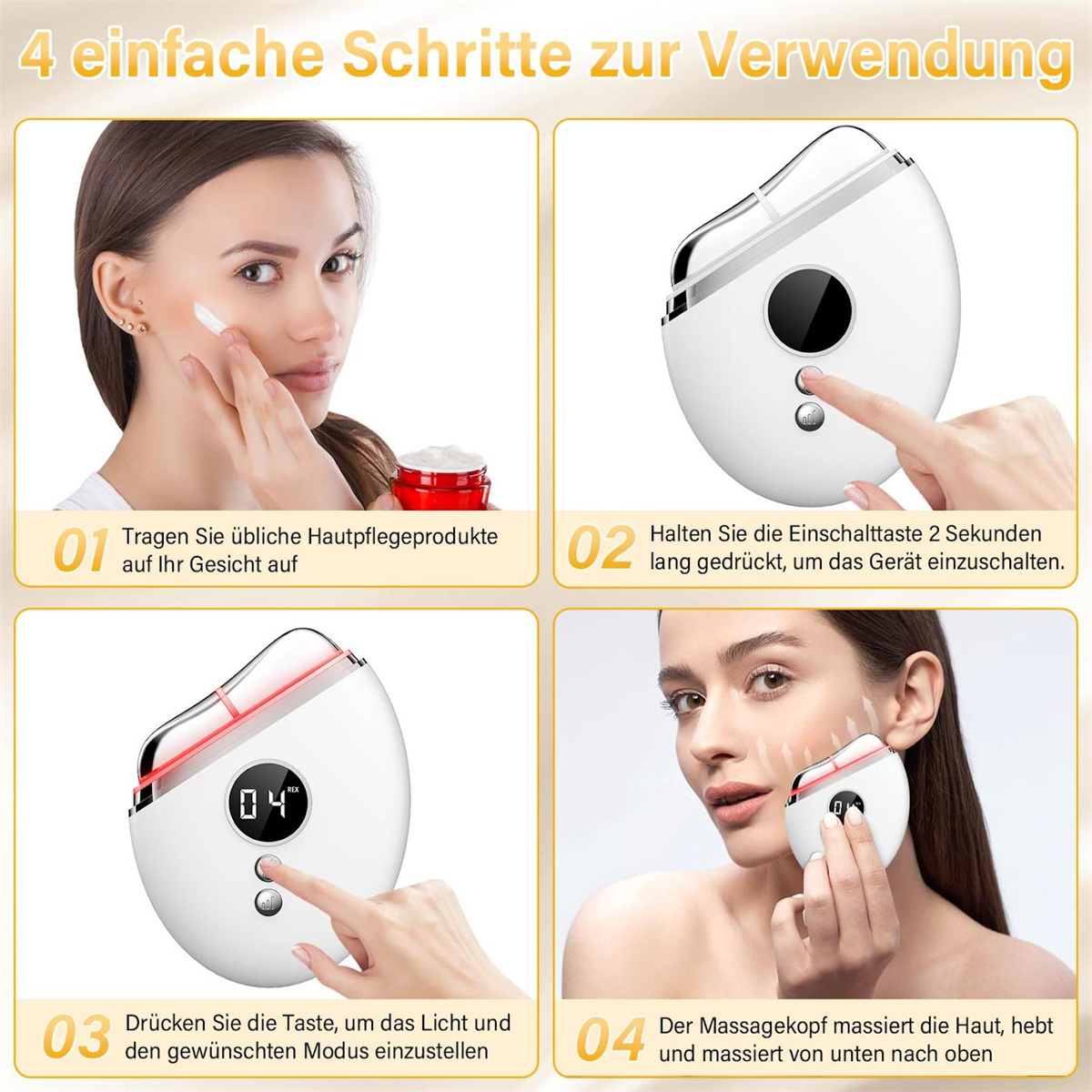Vier Schritte zur Verwendung eines Hautpflegegeräts, Frau trägt Creme auf.