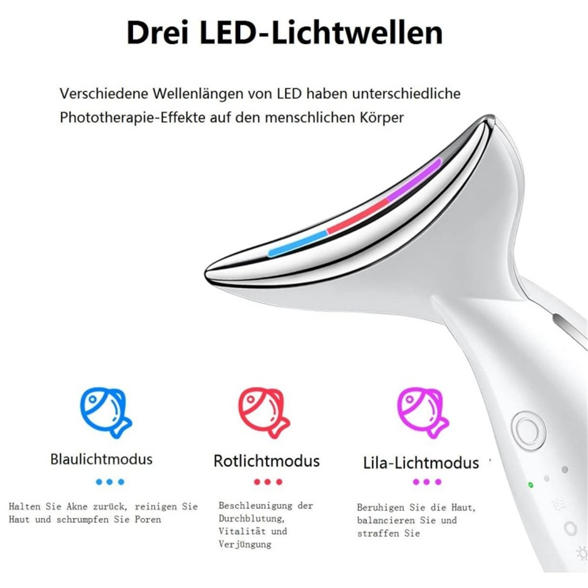 Ein Bild eines weißen Schönheitsgeräts mit drei LED-Lichtmodi: blau, rot und lila.