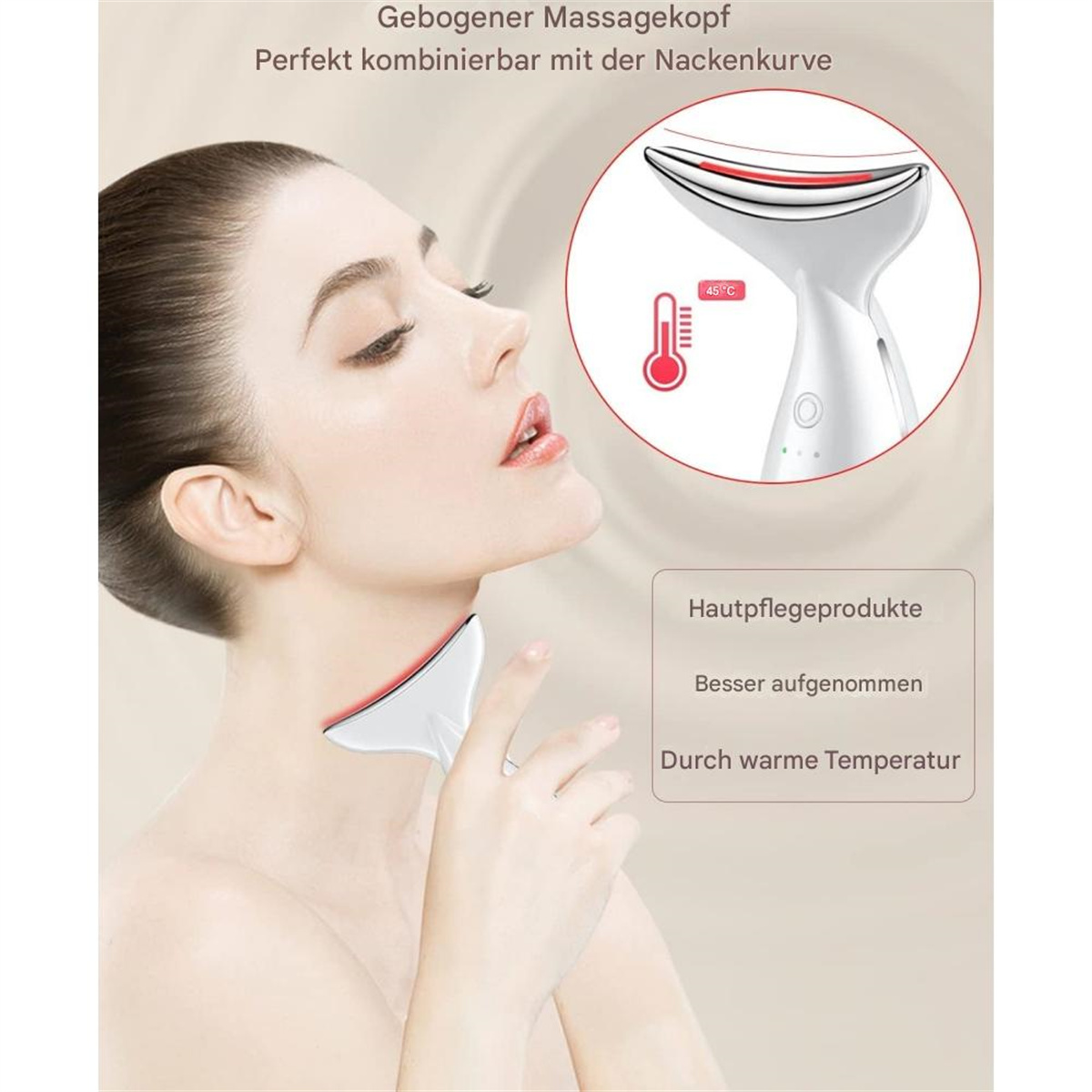 Eine Frau benutzt ein weißes Nackenmassagegerät mit rotem Licht. Text zeigt Nackenpflege und Temperatur.