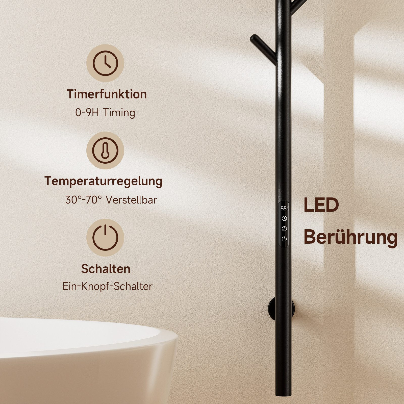 Schwarzer Handtuchhalter an beiger Wand, mit Bedienfeld und Symbolen für Timer, Temp. und Schalter.