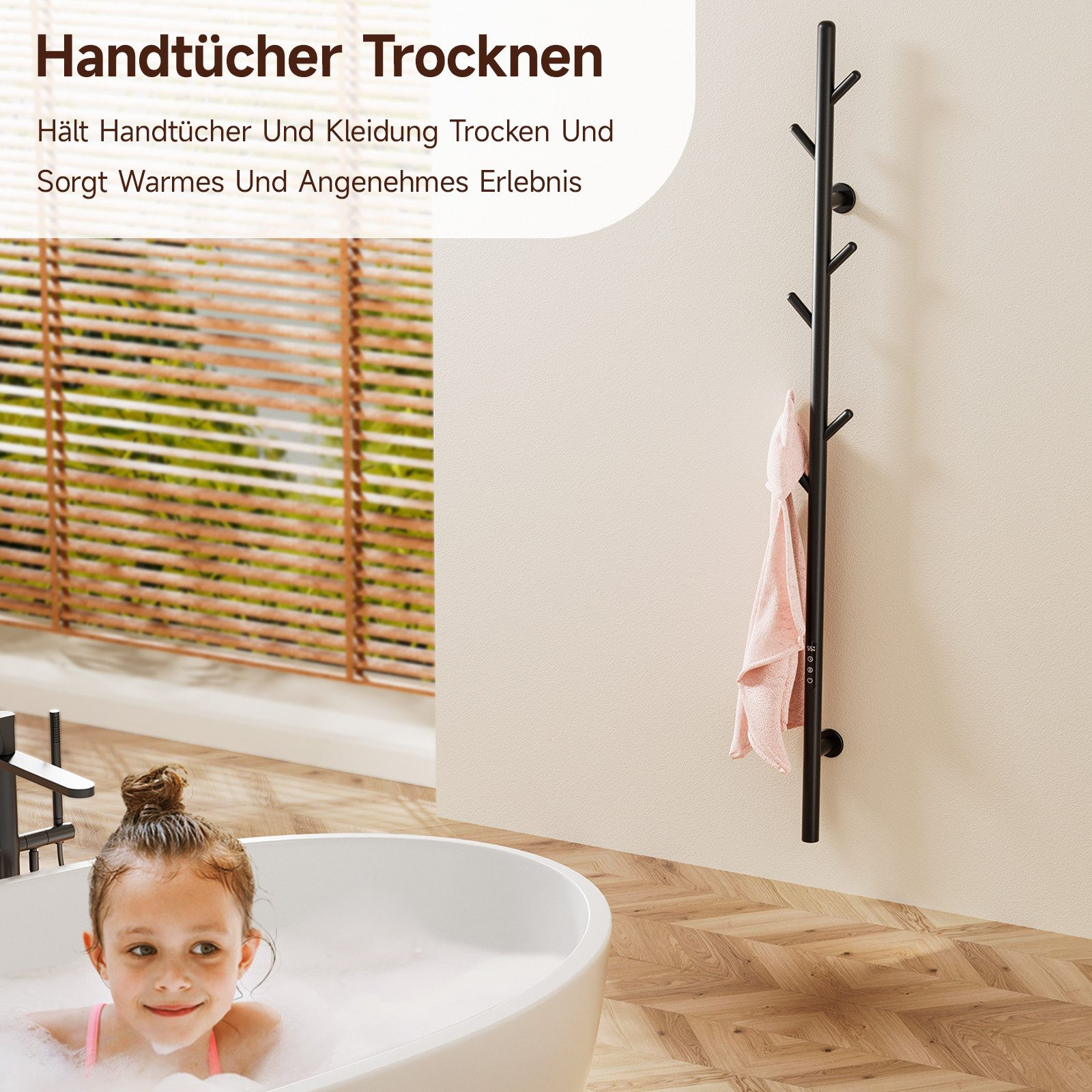 Ein Mädchen in der Badewanne, ein rosa Handtuch hängt an einem schwarzen Handtuchhalter, im Hintergrund ein Fenster.