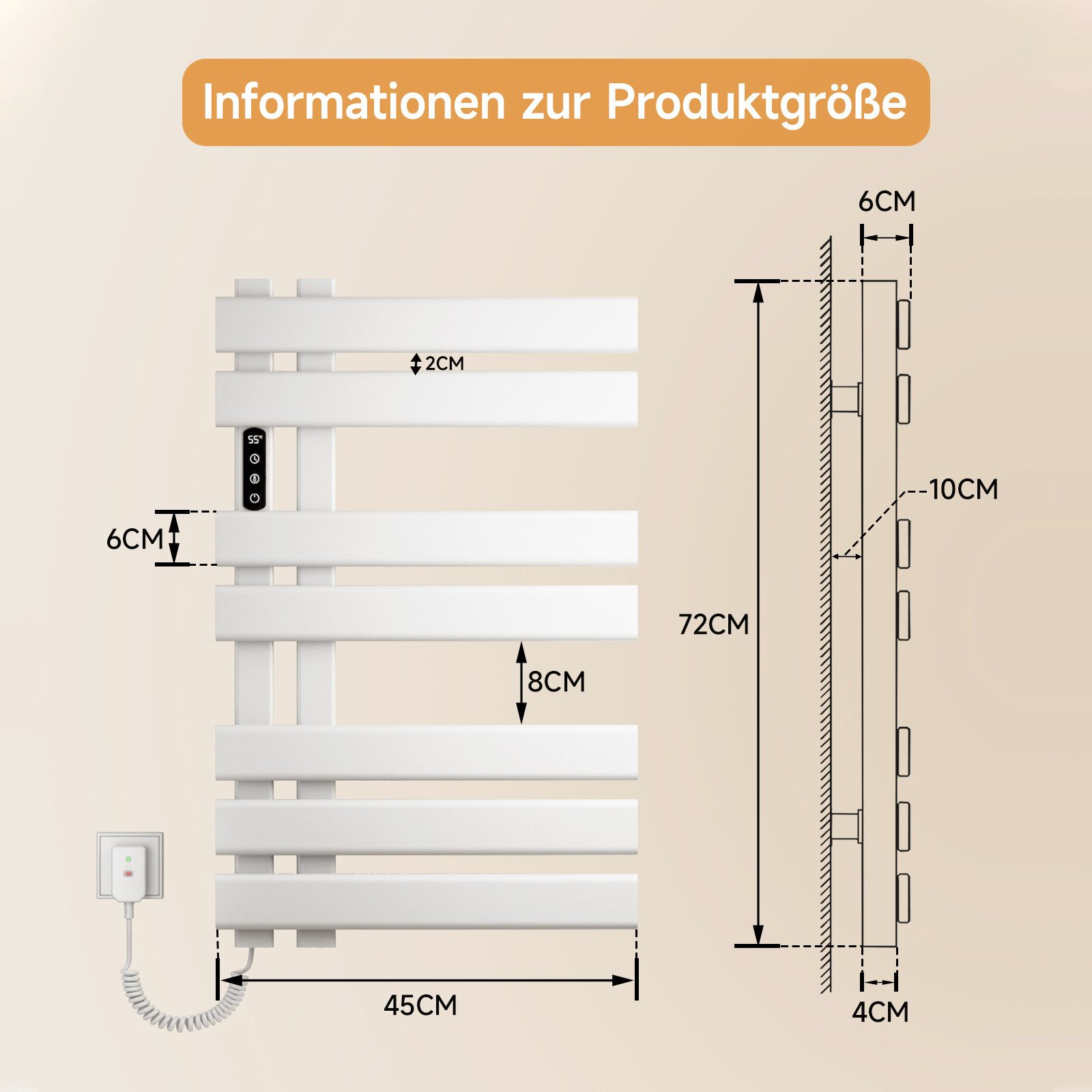 Weißer Handtuchwärmer mit Abmessungen und ein Wanddiagramm.