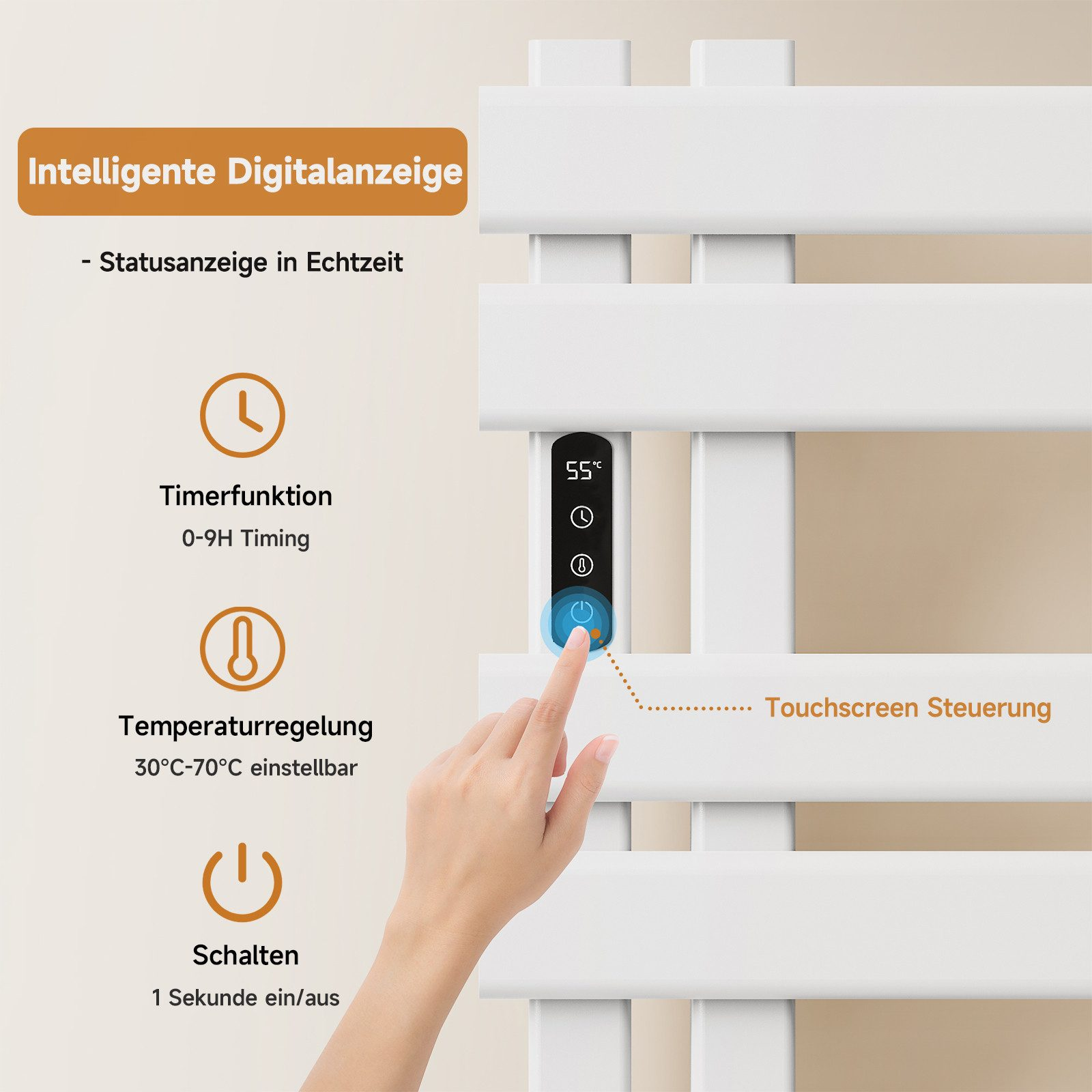 Eine Hand berührt einen Touchscreen auf einem weißen, modernen Handtuchwärmer.