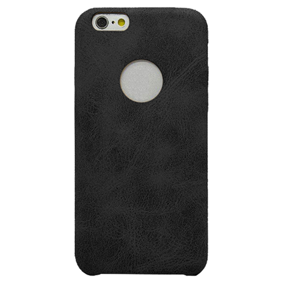 Schwarze Handyhülle, strukturiertes lederartiges Material. Die Kameralinse ist oben, Apple Logo sichtbar.