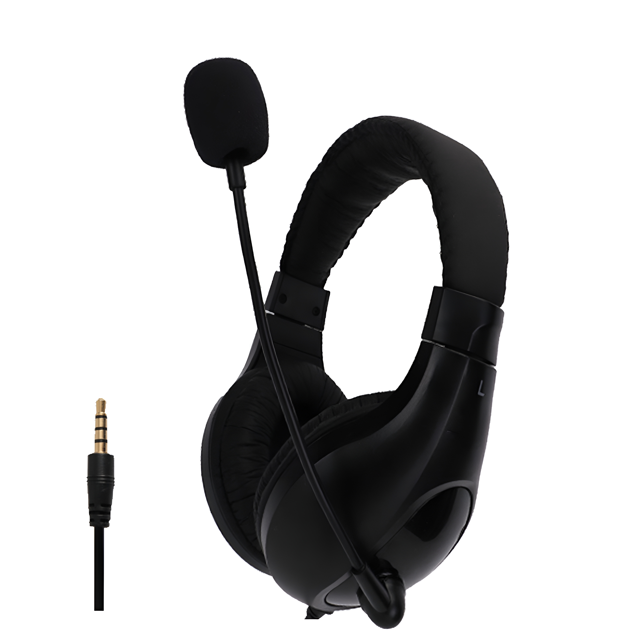 Schwarzes Headset mit Mikrofon und 3,5-mm-Klinkenstecker.