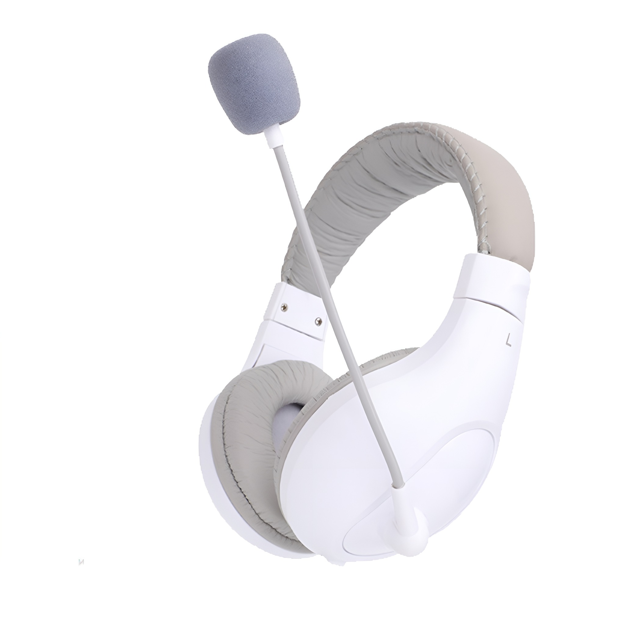 Weiß-graues Headset mit Mikrofon, isoliert vor Weiß.