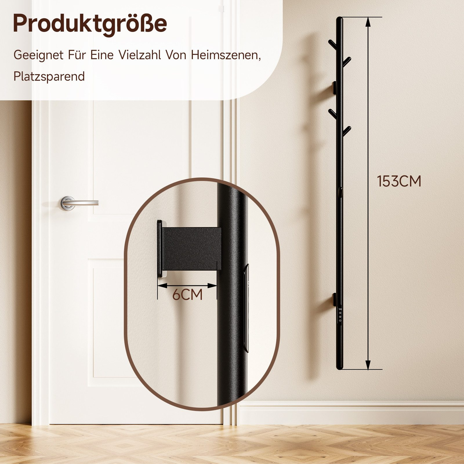 Eine schwarze, an der Wand befestigte Garderobe an einer weißen Wand. Sie hat Haken und ist 153 cm hoch.