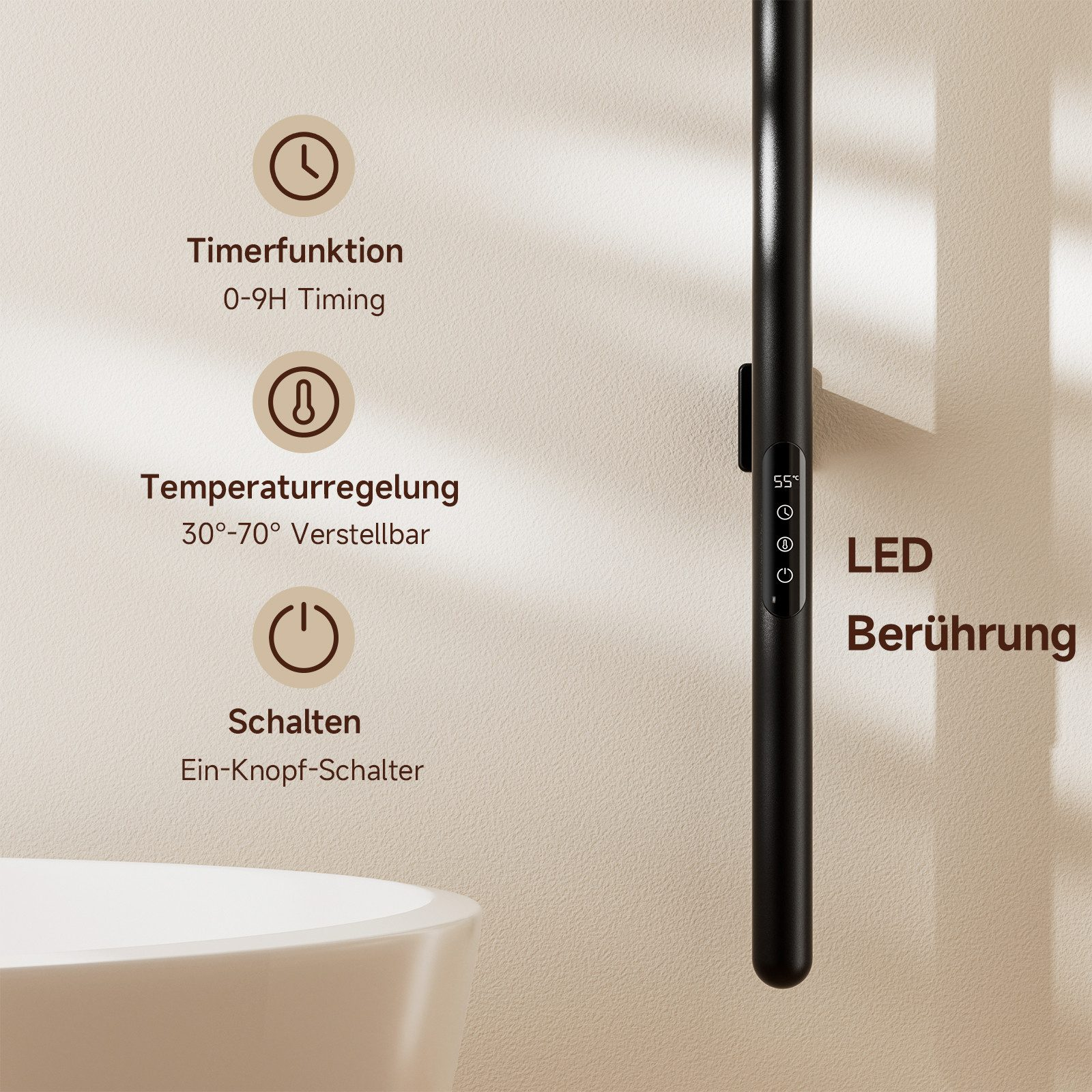 Nahaufnahme eines schwarzen, wandmontierten Geräts mit Steuertasten und LED-Anzeigen für eine Wärmelampe.