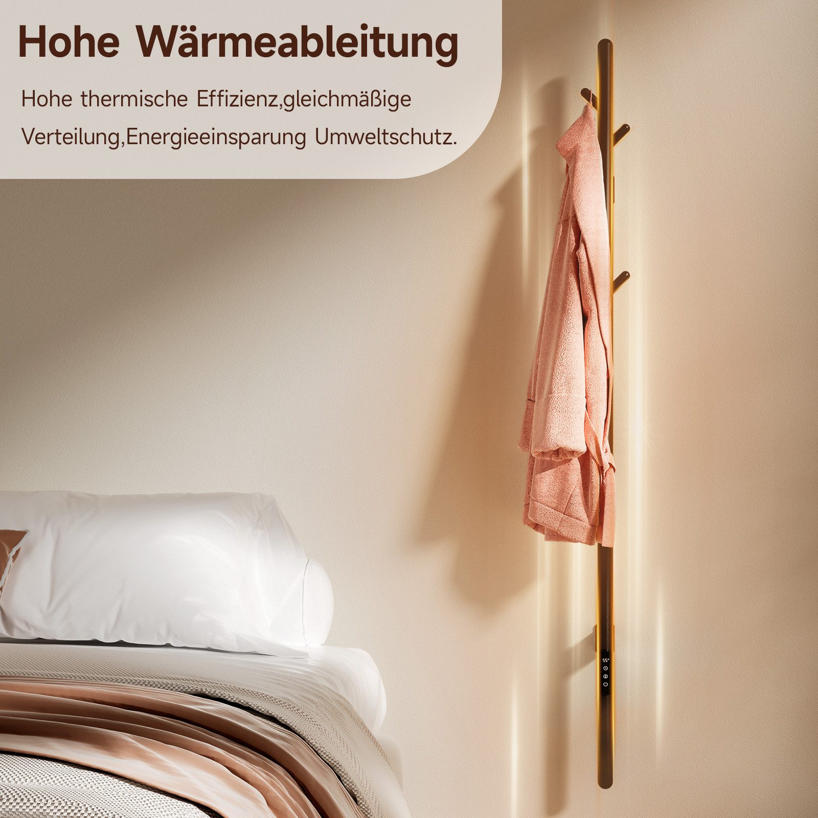 Eine hölzerne Wandheizung mit einem rosa Mantel daran, mit Text über die Wärmeverteilung.