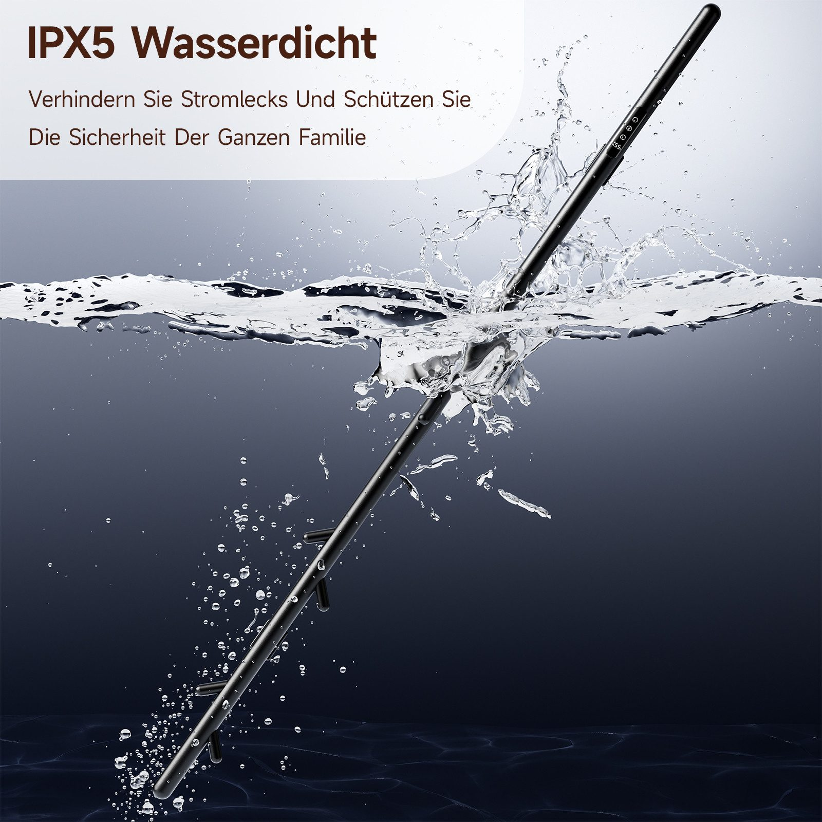 Ein schwarzes, längliches Gerät, das in Wasser getaucht ist, mit Textüberlagerung.