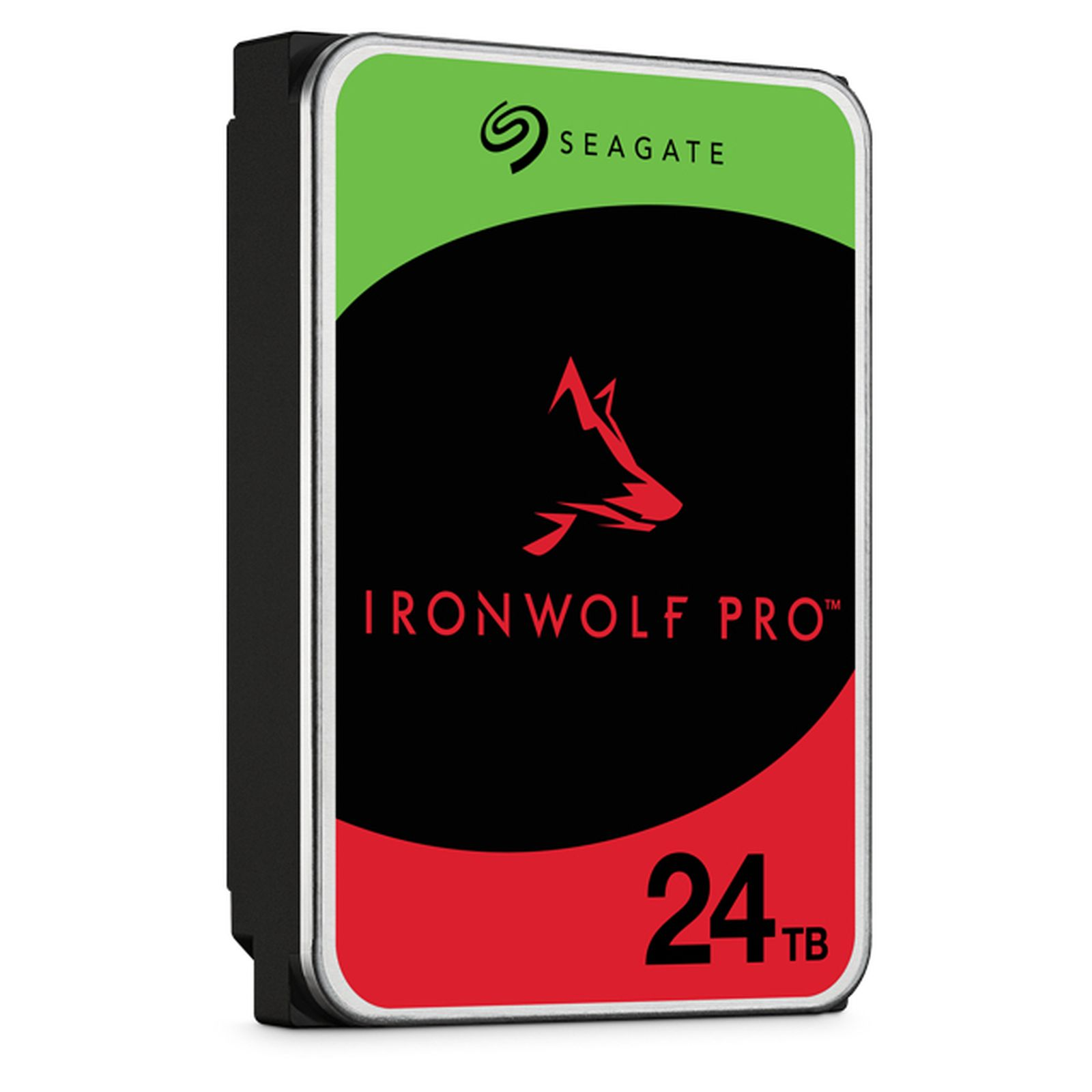 Dysk twardy Seagate IronWolf Pro 24TB. Czerwona i zielona etykieta. Czarny korpus.