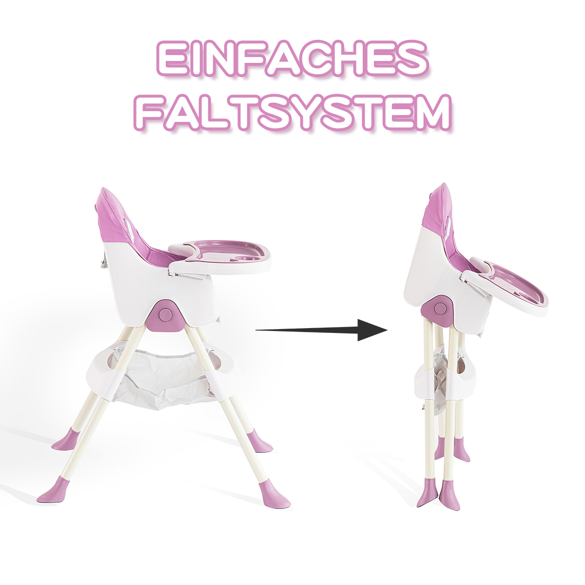 Hochstuhl in zwei Zuständen: montiert und gefaltet, mit Text 'Einfaches Faltsystem'.