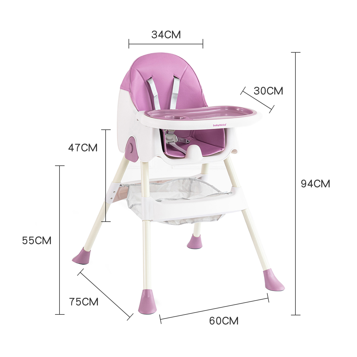 Ein pink-weißer Hochstuhl mit in Zentimetern beschrifteten Maßen.